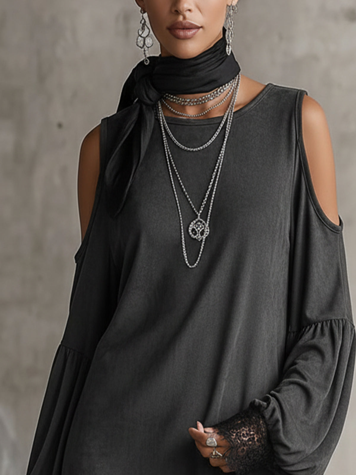 Gray Faux Suede Cold‑Shoulder Long Sleeve Dress With Lace Trim