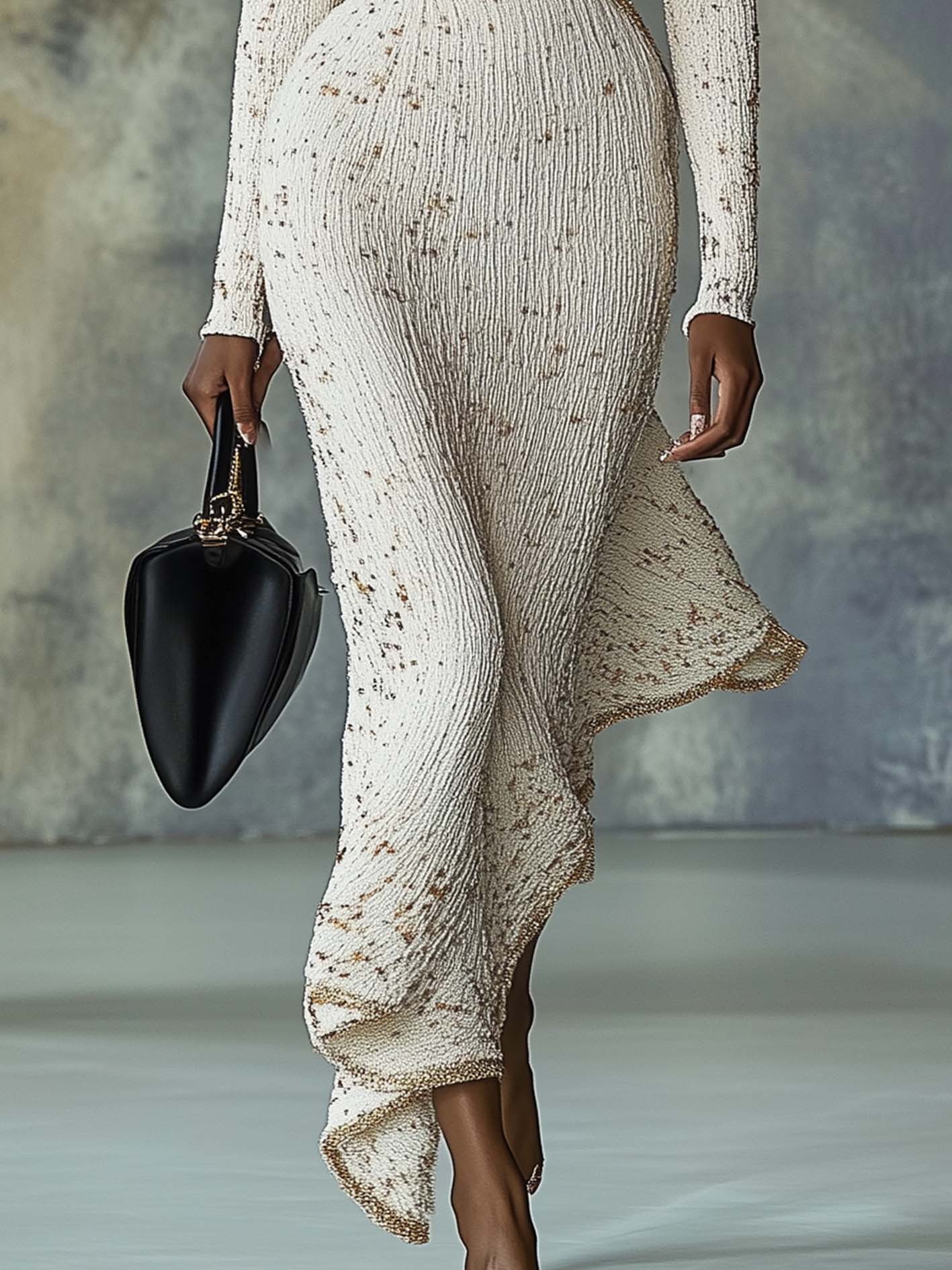White Knit Midi Bodycon Dress With Gold Trim