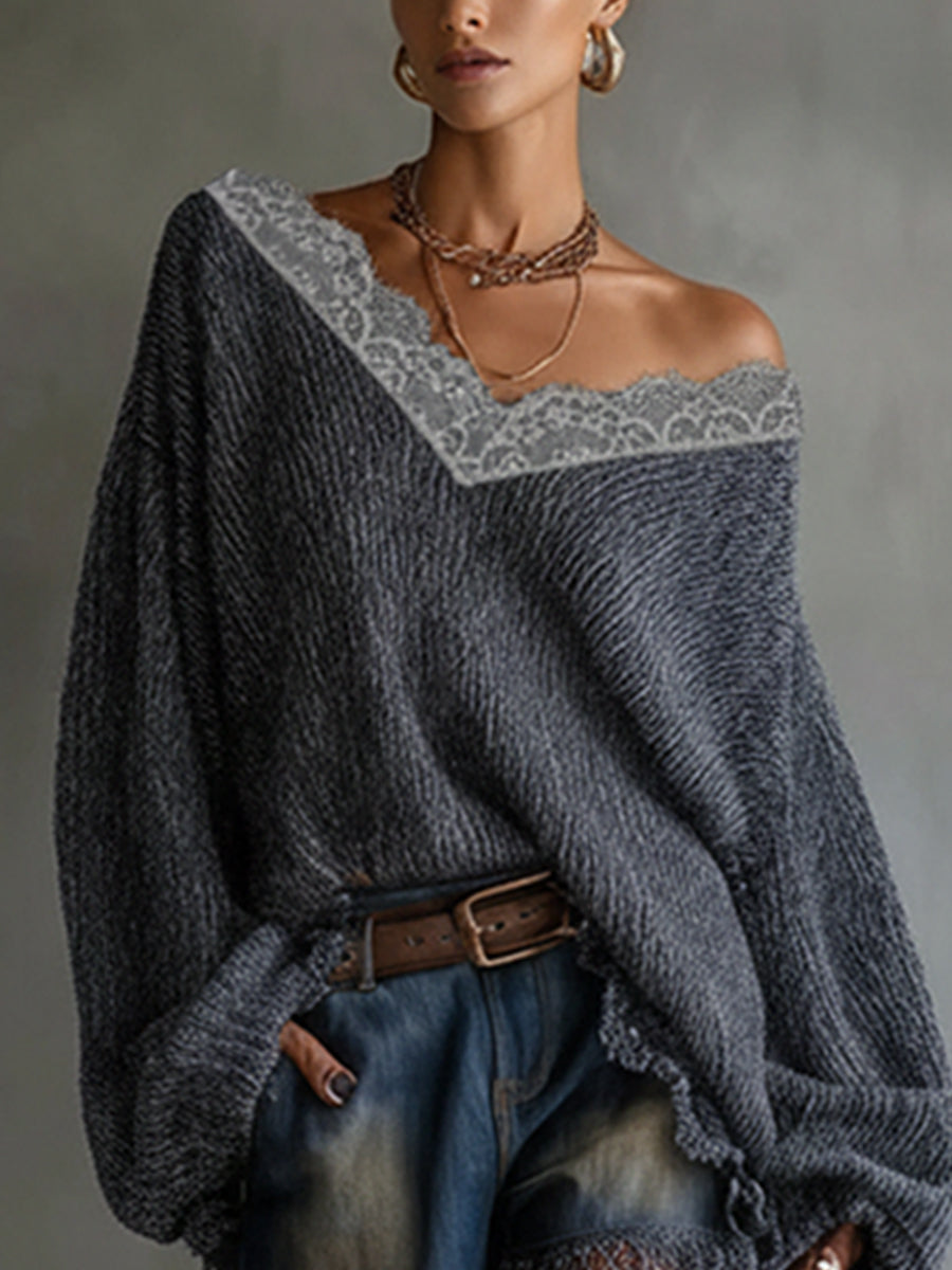 Blue Blended Knit Lace Neckline Loose Sweater