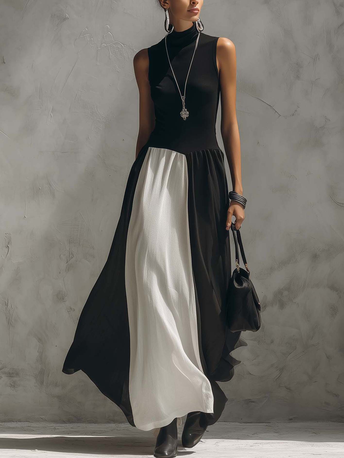 Black And White Contrast Sleeveless Cotton Linen Maxi Dress