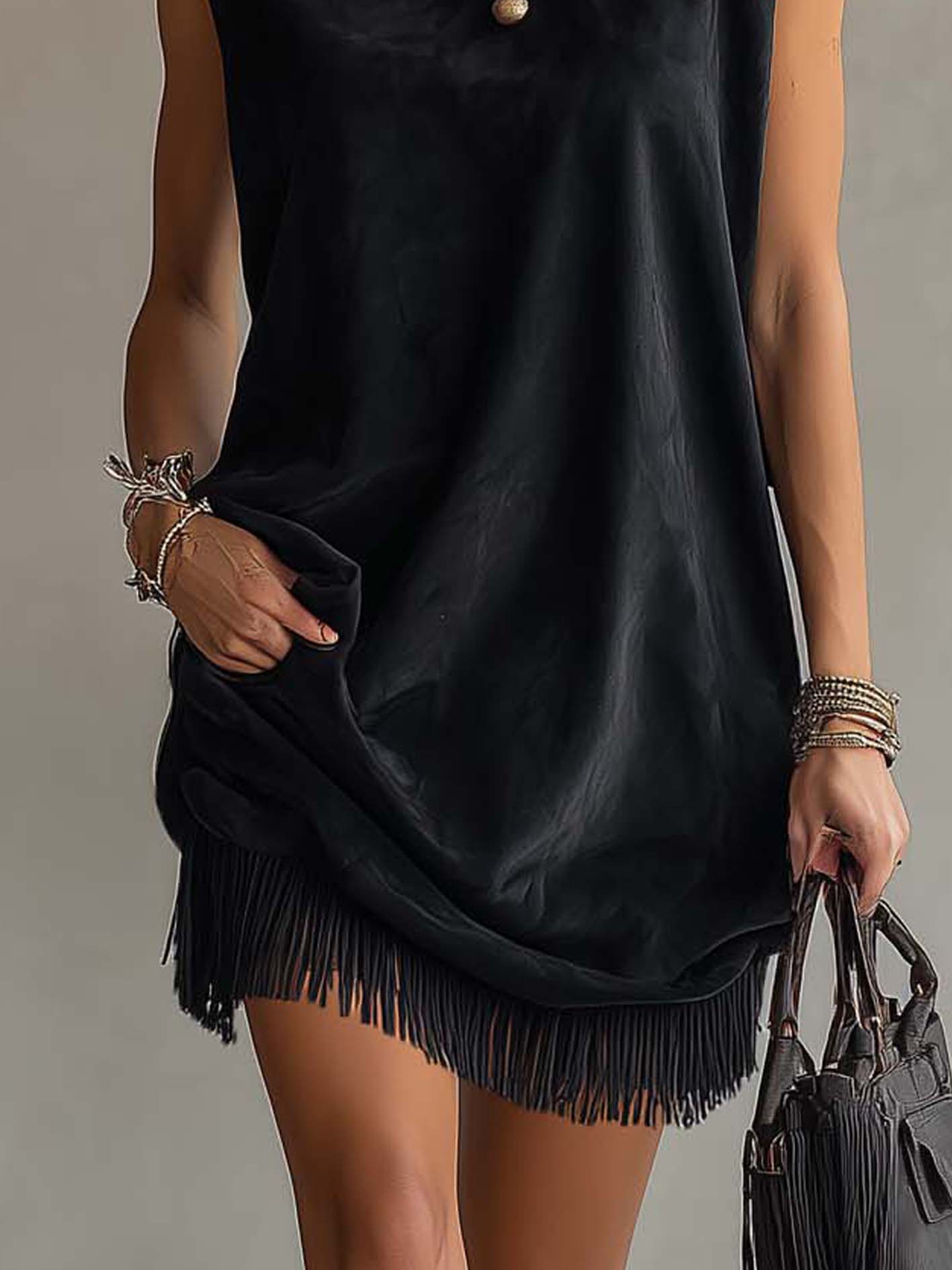 Black Sleeveless Fringe Patchwork Faux Suede Mini Dress
