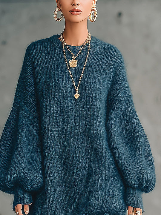 Blue Knit Mini Dress With Balloon Sleeves And Tulle Ruffle Hem