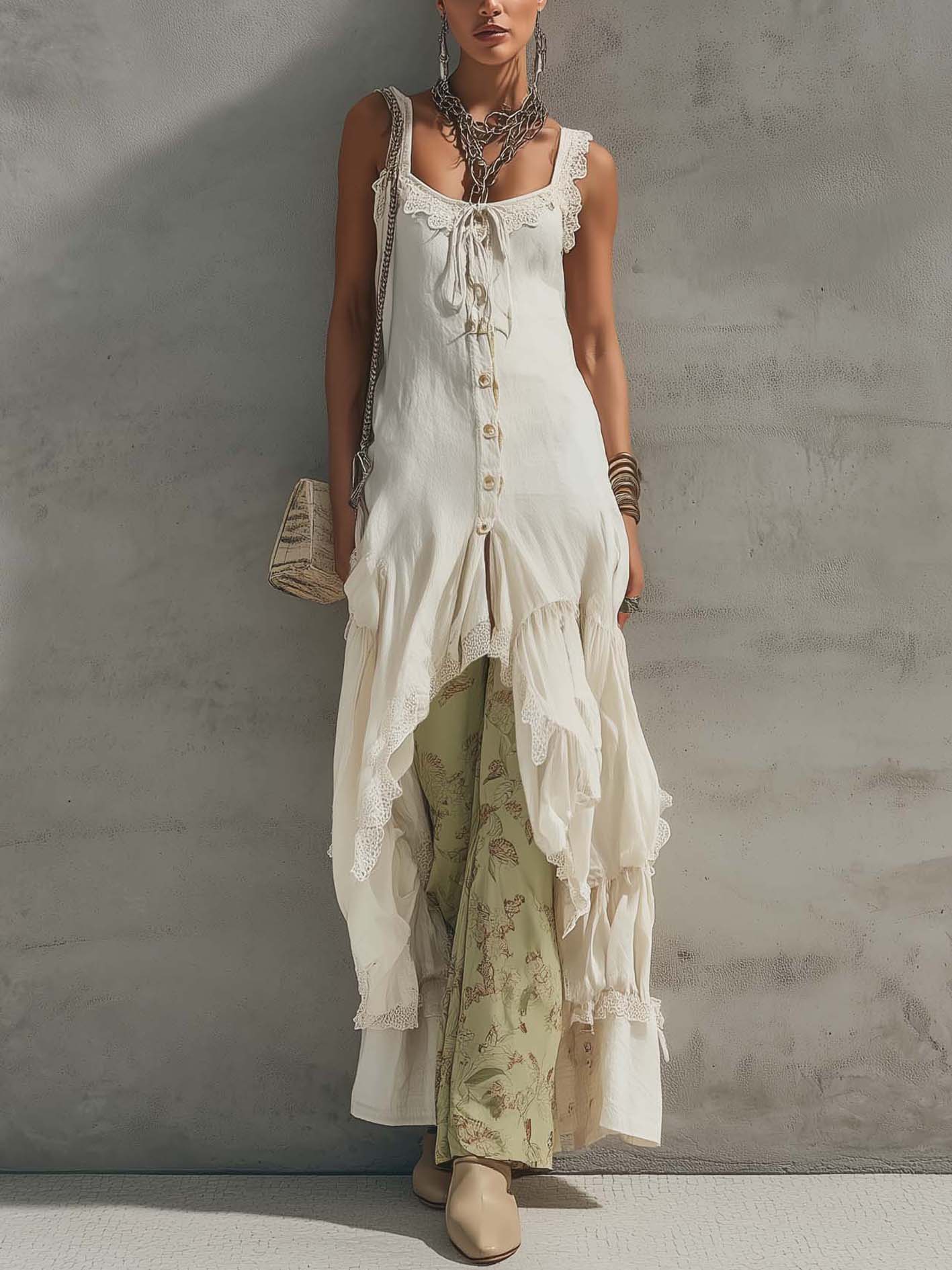 White Cotton-Linen Lace Trim Sleeveless Asymmetrical Maxi Dress