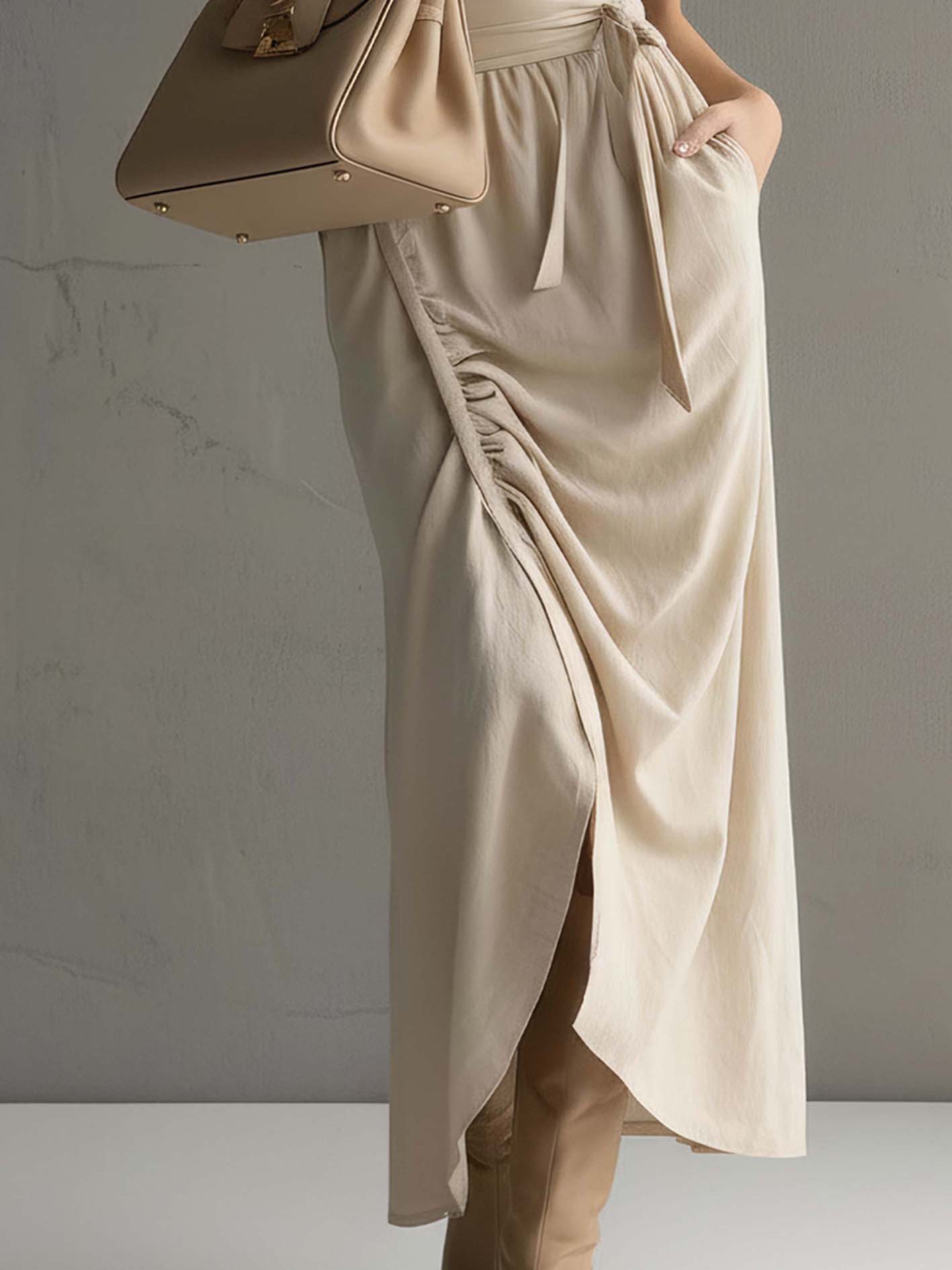 Beige Sleeveless High Stretch Cotton-Linen Patchwork Midi Dress