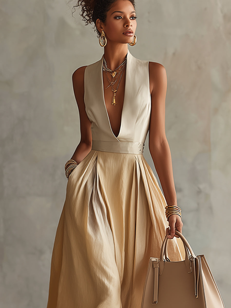 Beige Linen Blend Sleeveless Deep V-Neck Maxi Dress