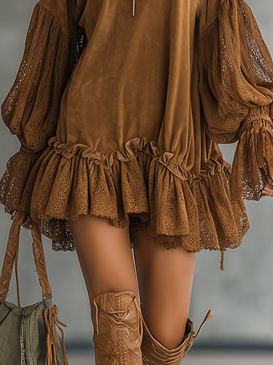 Brown Faux Suede Mini Dress With Lace Puff Sleeves And Ruffled Hem