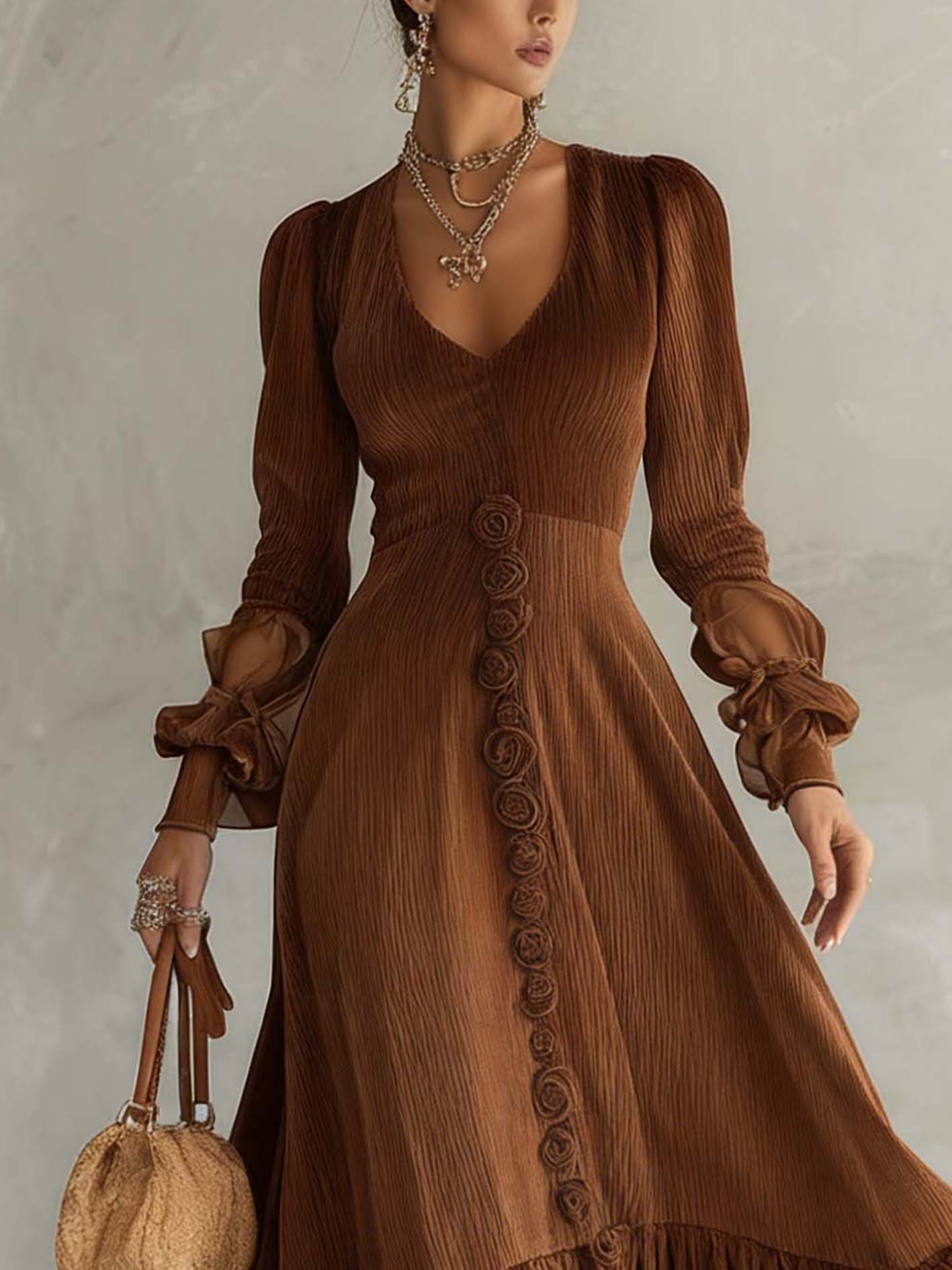 Brown Textured Velvet Maxi Dress With 3D Flowers And Organza Patchwork