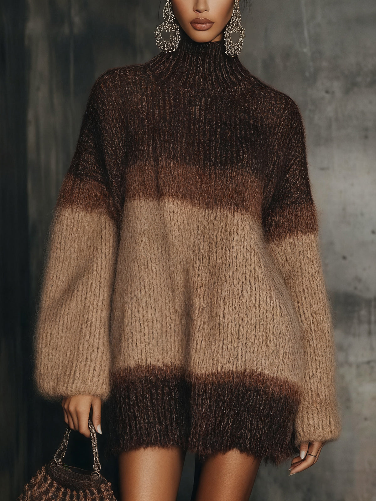 Brown Knit Turtleneck Sweater Dress