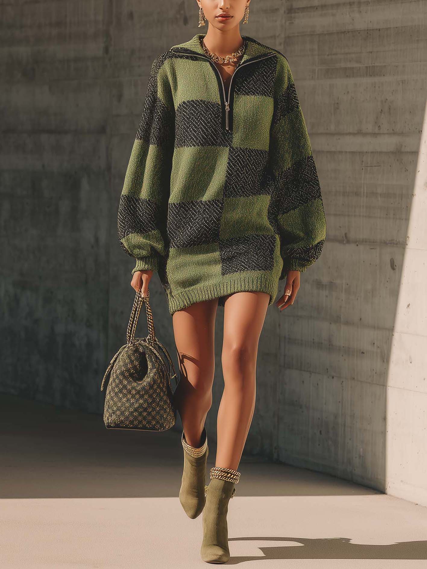 Olive Green Knit Mini Dress With Grey Checks