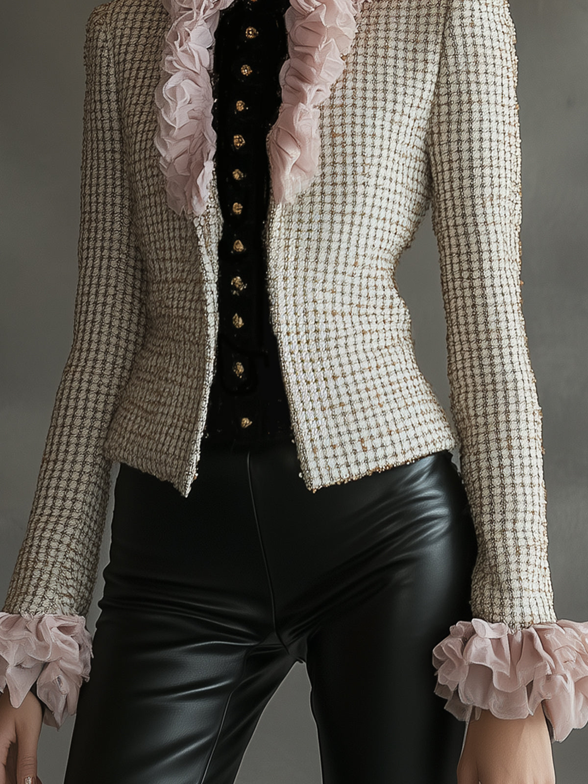 Houndstooth Blazer With Pink Ruffle Trim