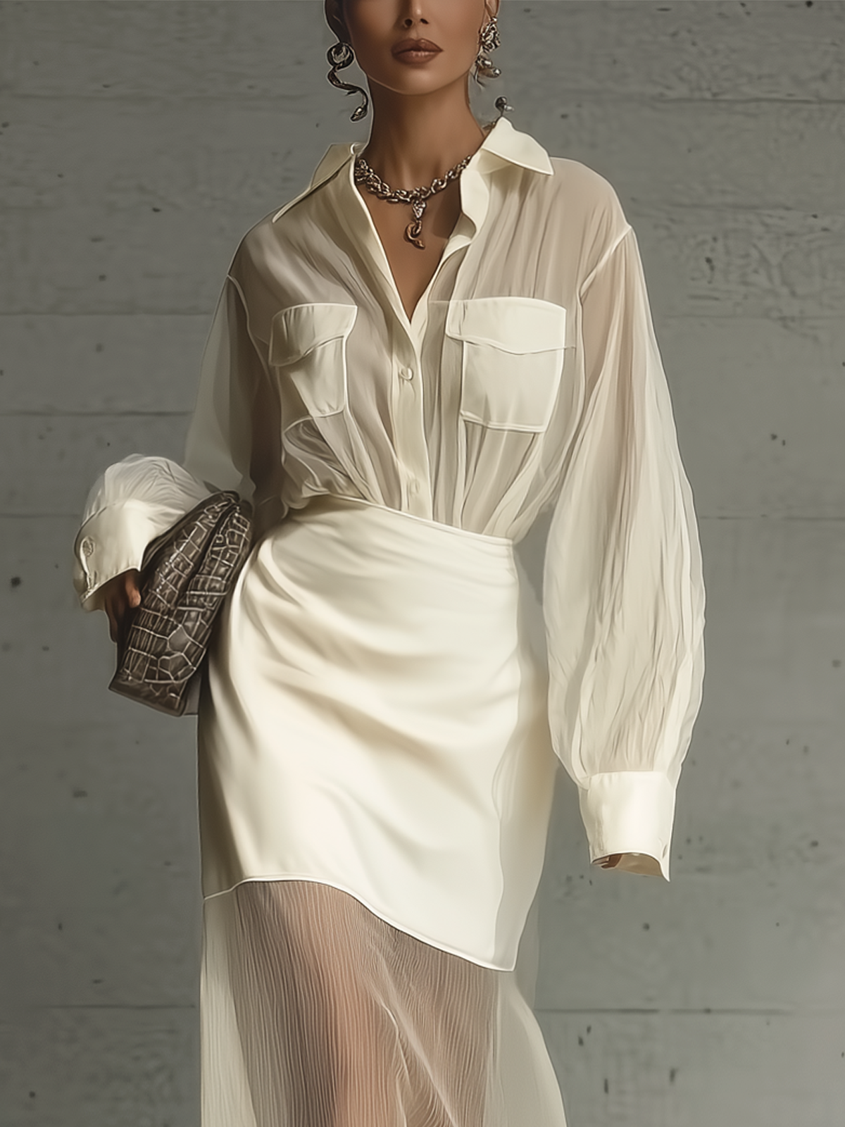 White Tulle Open-front Patch Pocket Glossy Blend Skirt Suit