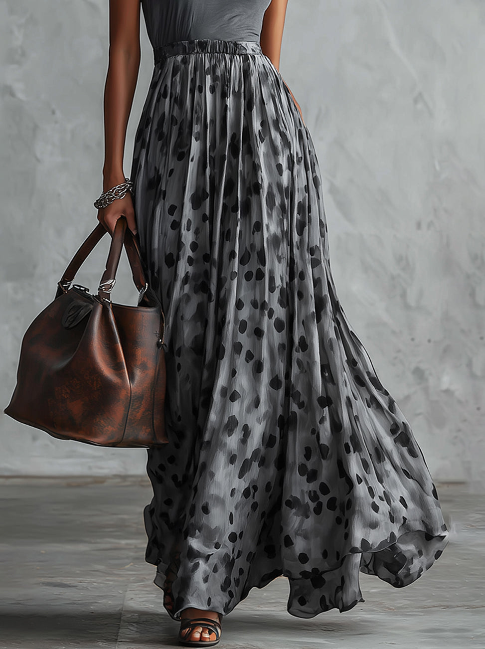Gray Cap Sleeve Polka Dot Chiffon Maxi Dress