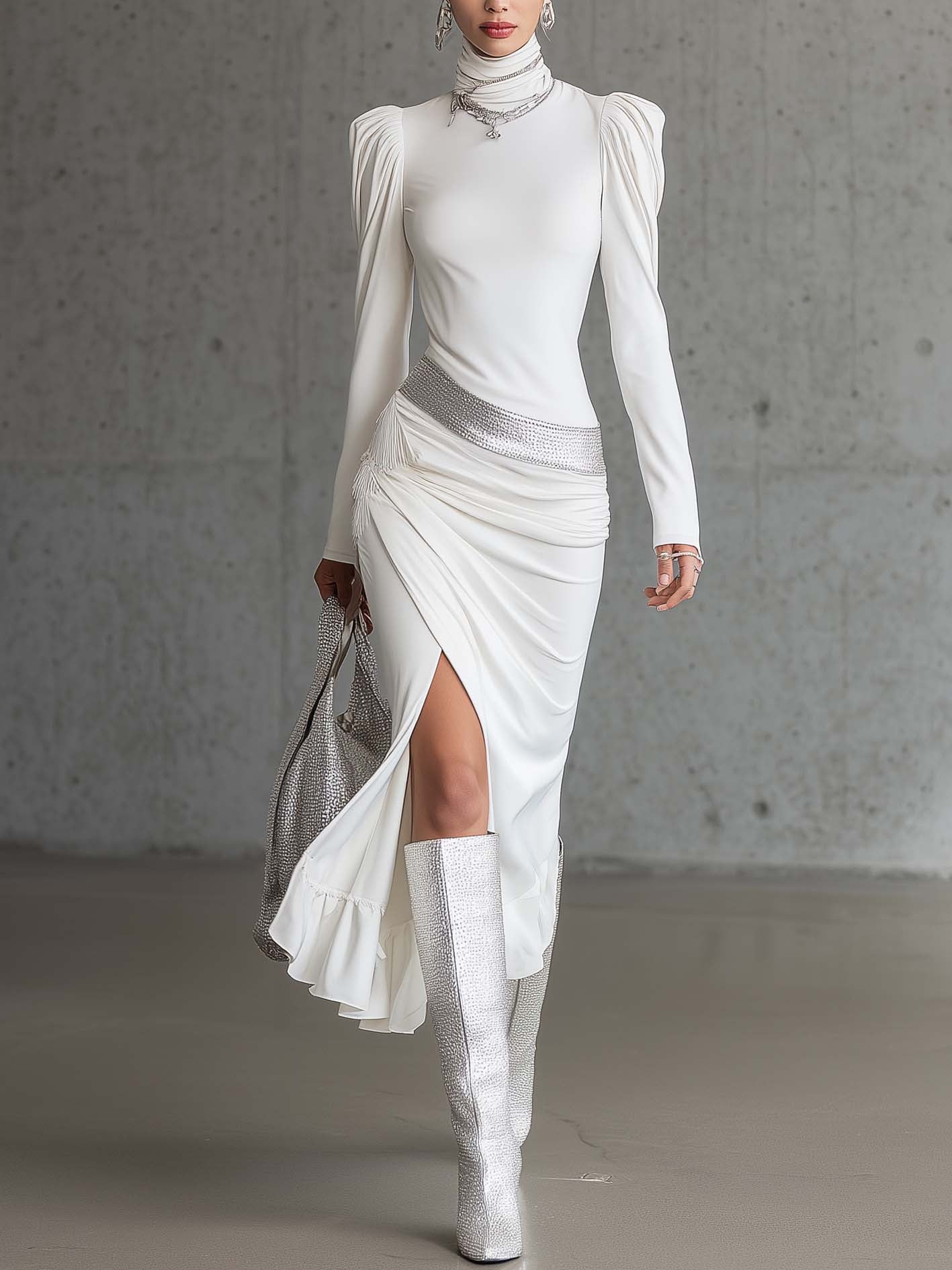 White Ruched Bodycon Dress With Silver Sequin Panel And Side Slit