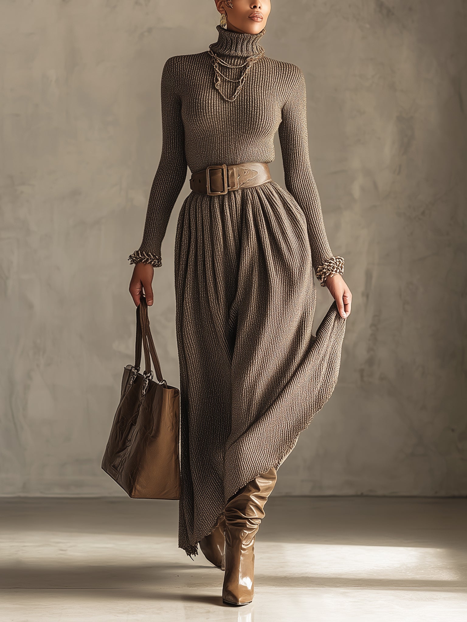 Taupe Ribbed Turtleneck Belted Long Sleeve Maxi Dress