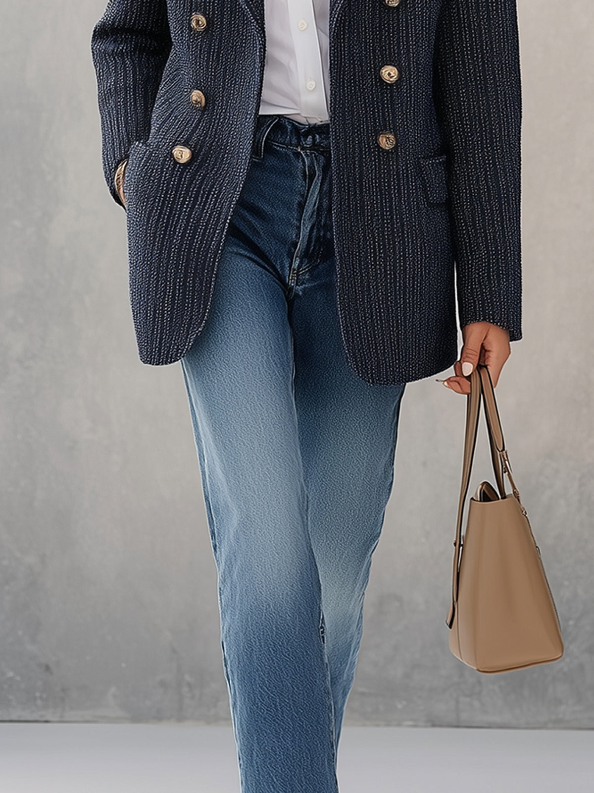 Navy Textured Knit Blazer With Double Breasted Finish