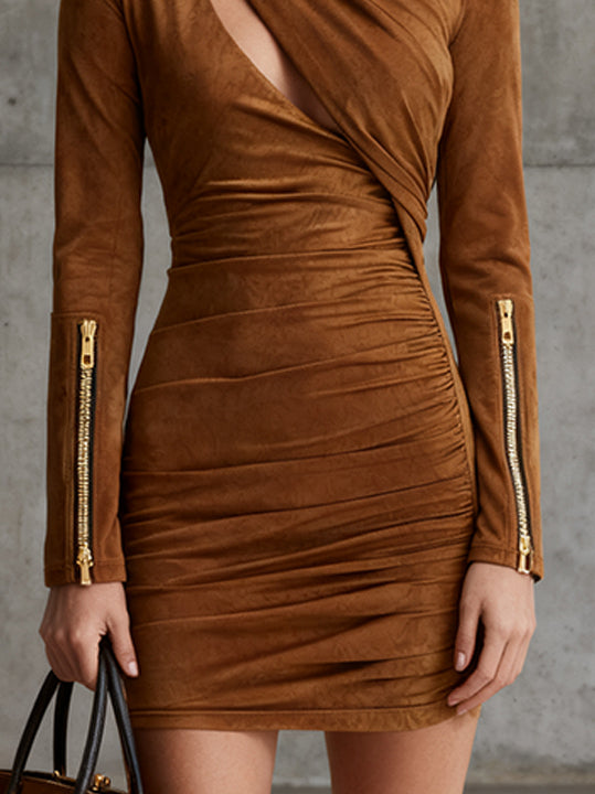 Brown Faux Suede Asymmetric Cutout Mini Dress With Gold Zipper Accents