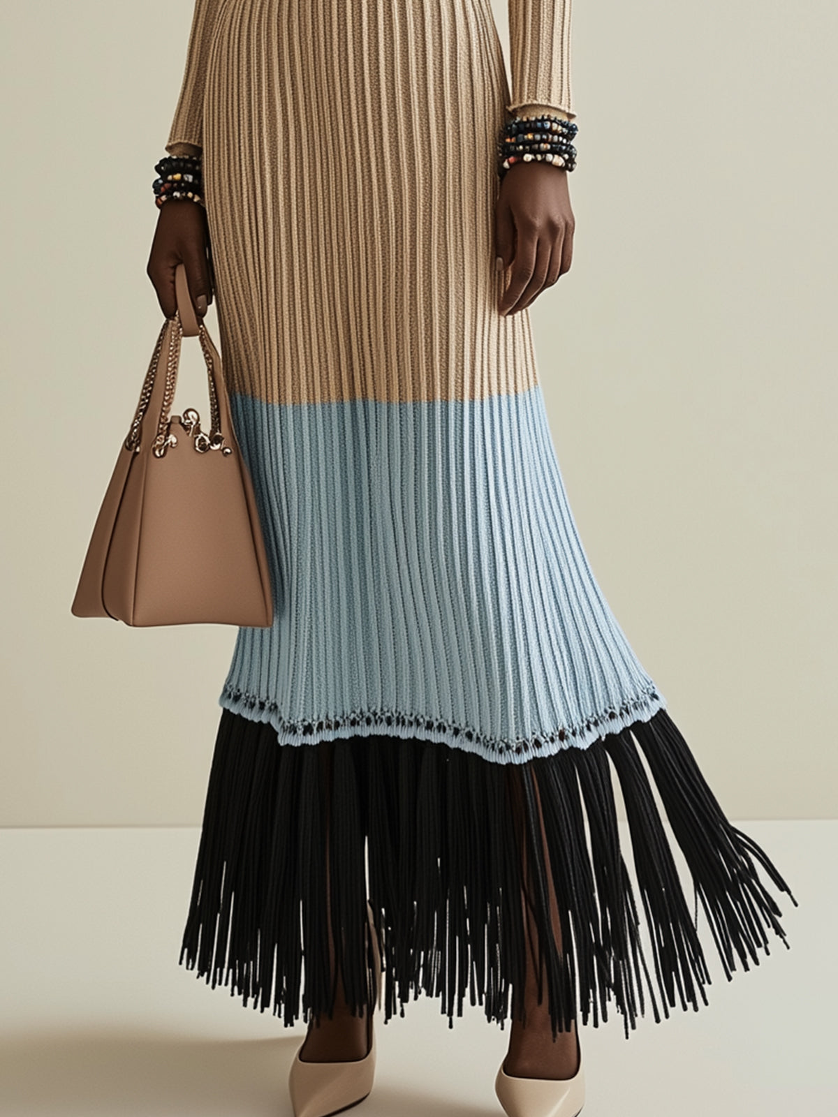 Colorblock Ribbed Maxi Dress With Fringe Hem And Square Neckline