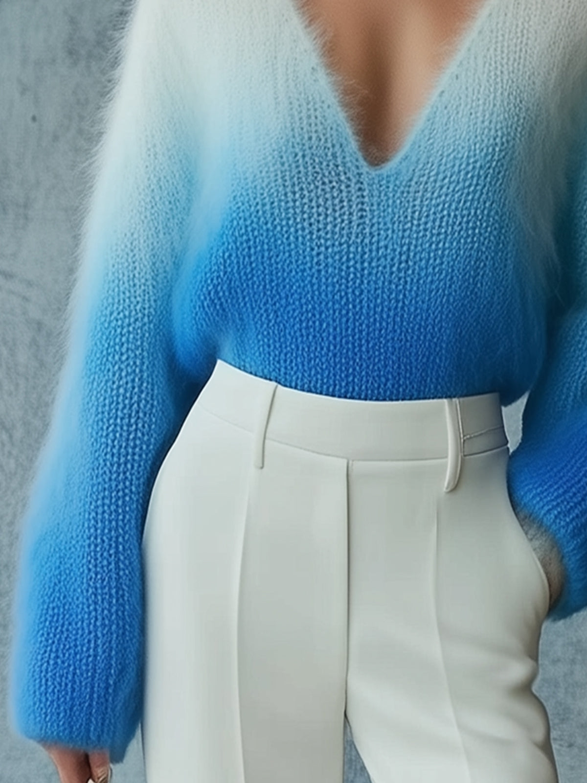Blue V-Neck Fluffy Knit Sweater