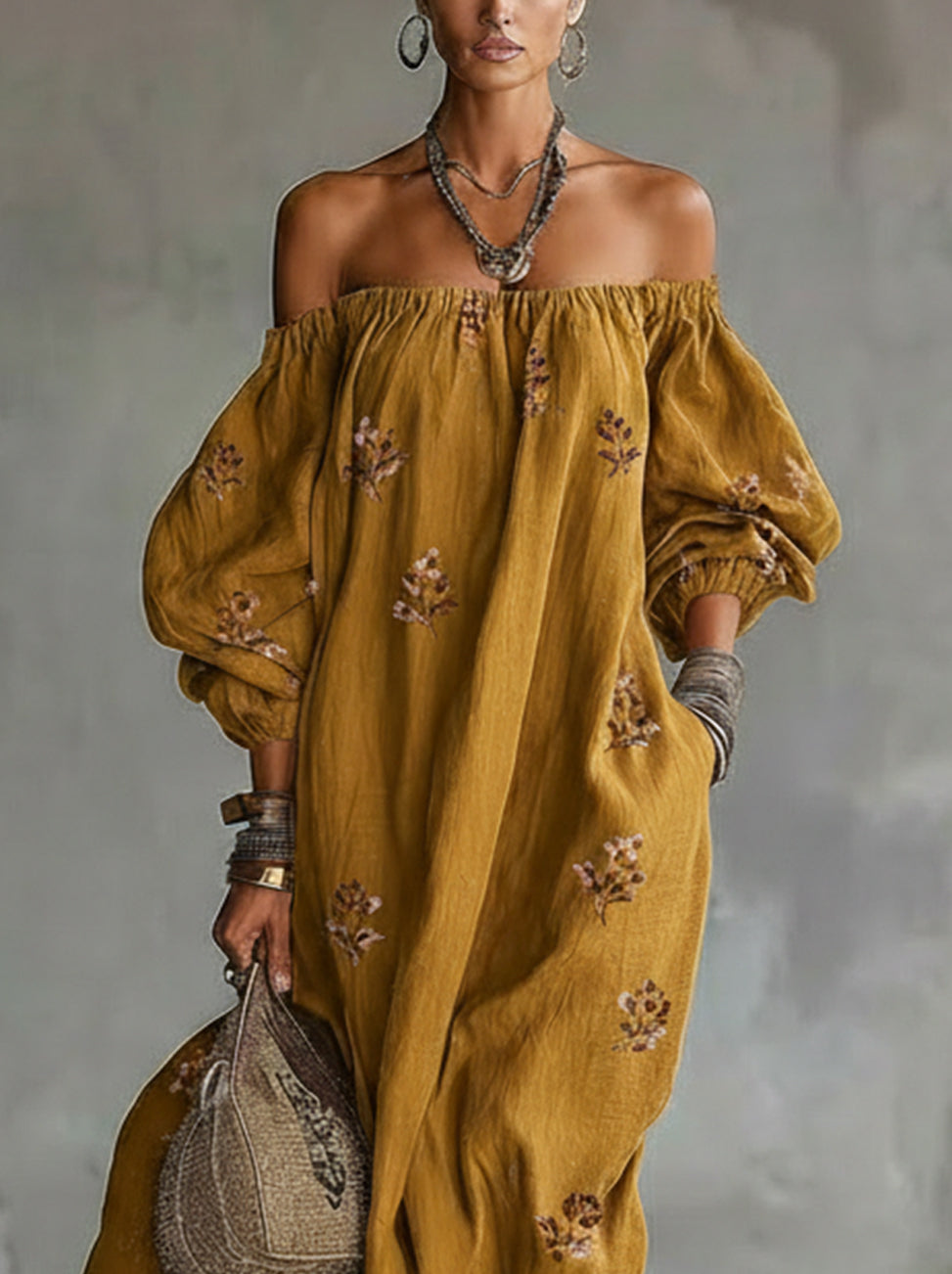 Yellow Off-Shoulder Floral Embroidered Linen Maxi Dress