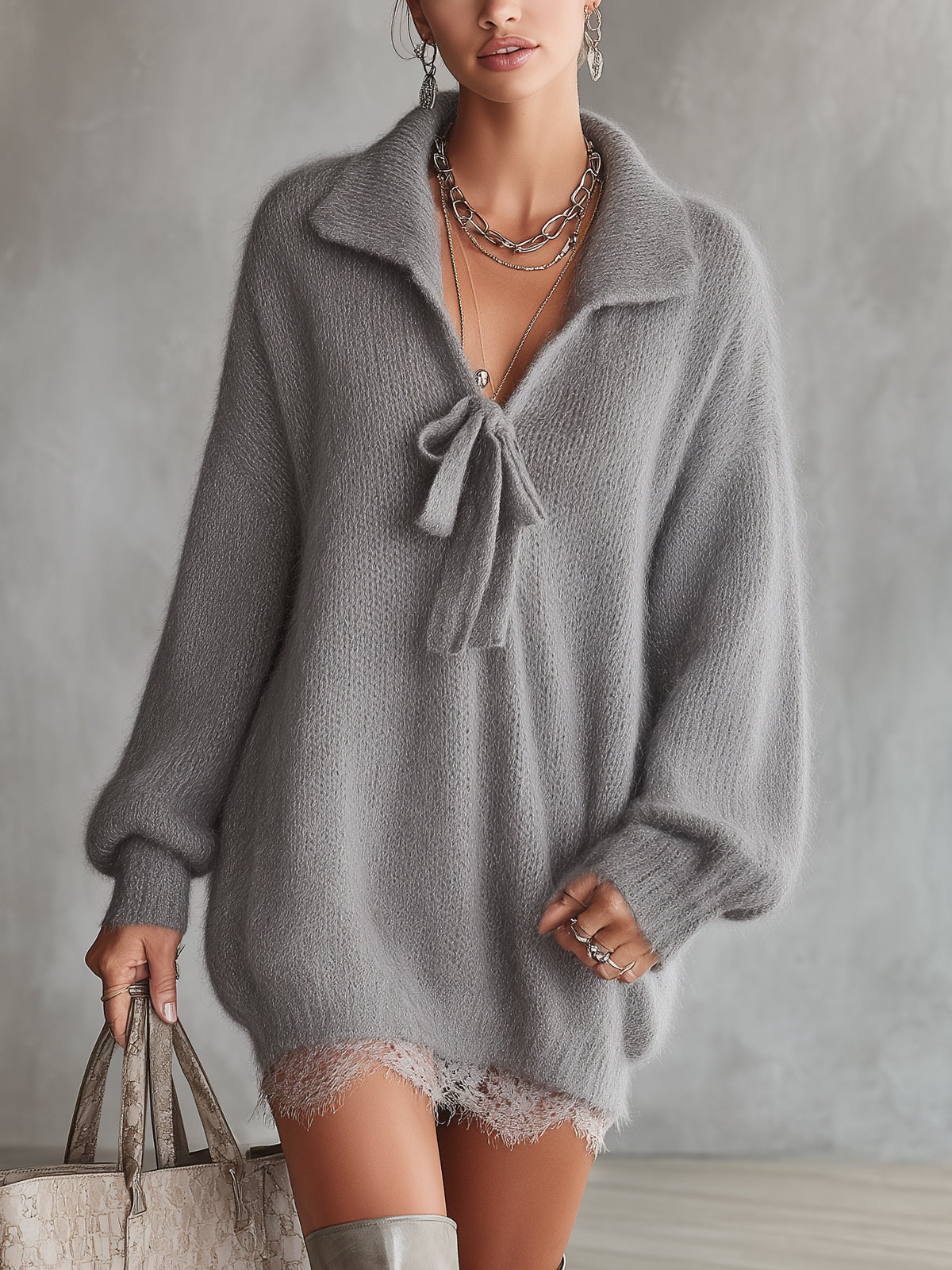 Gray Fuzzy Knit Sweater Dress With Front Tie Collar