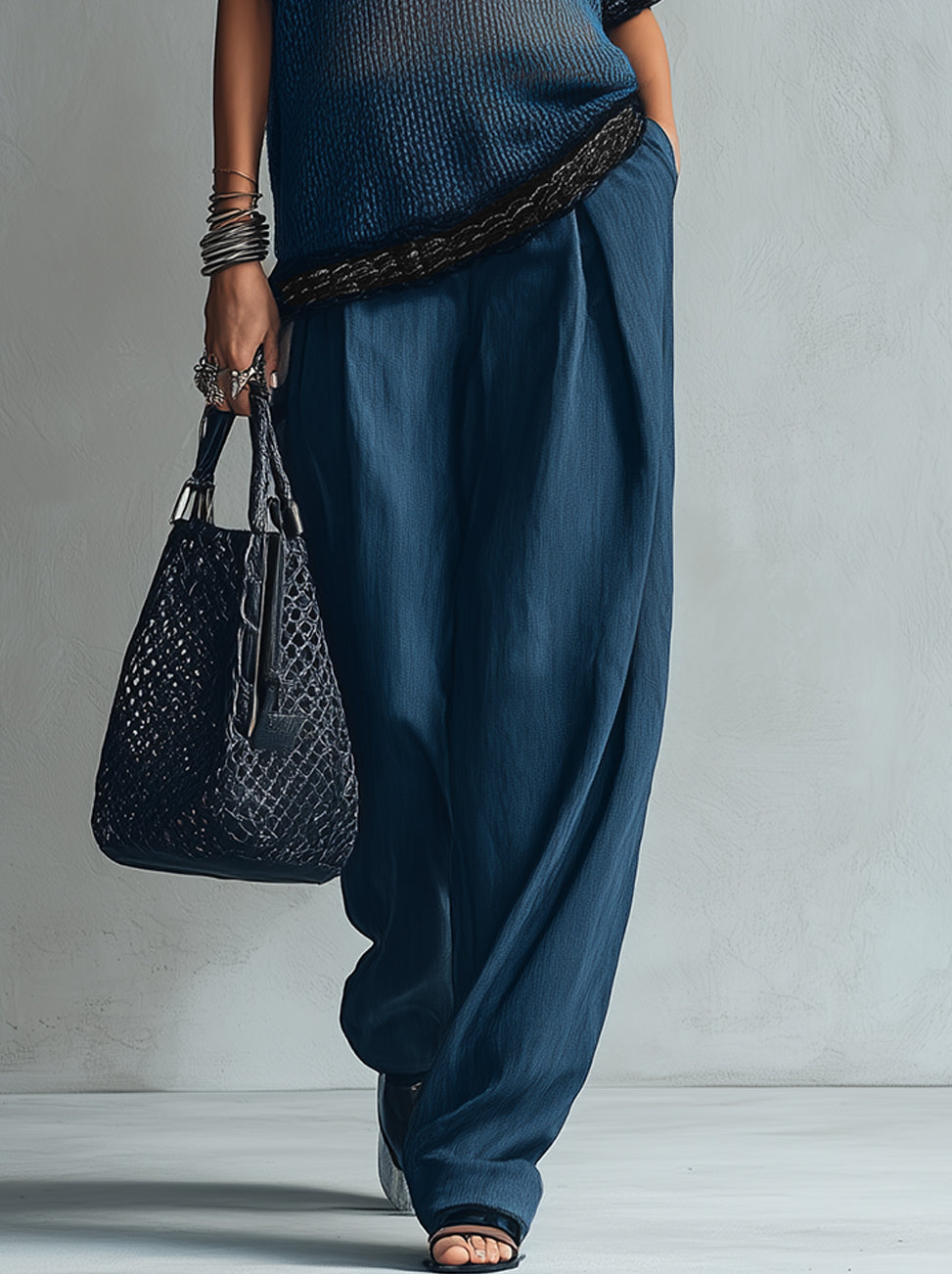 Navy V-Neck Lace Trim Knit Top And Linen Wide-Leg Pants Set