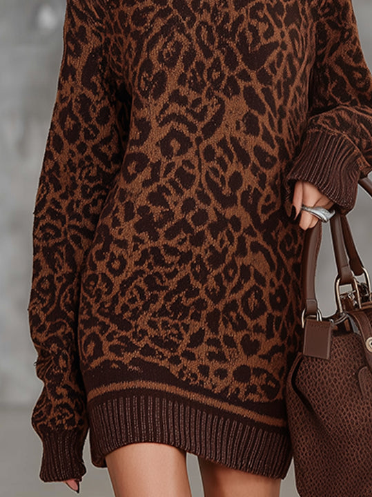 Brown Leopard Print Oversized Turtleneck Sweater Dress