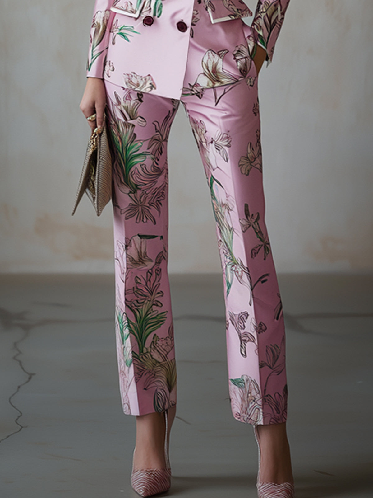 Blush Floral Print Satin Suit With White Trim