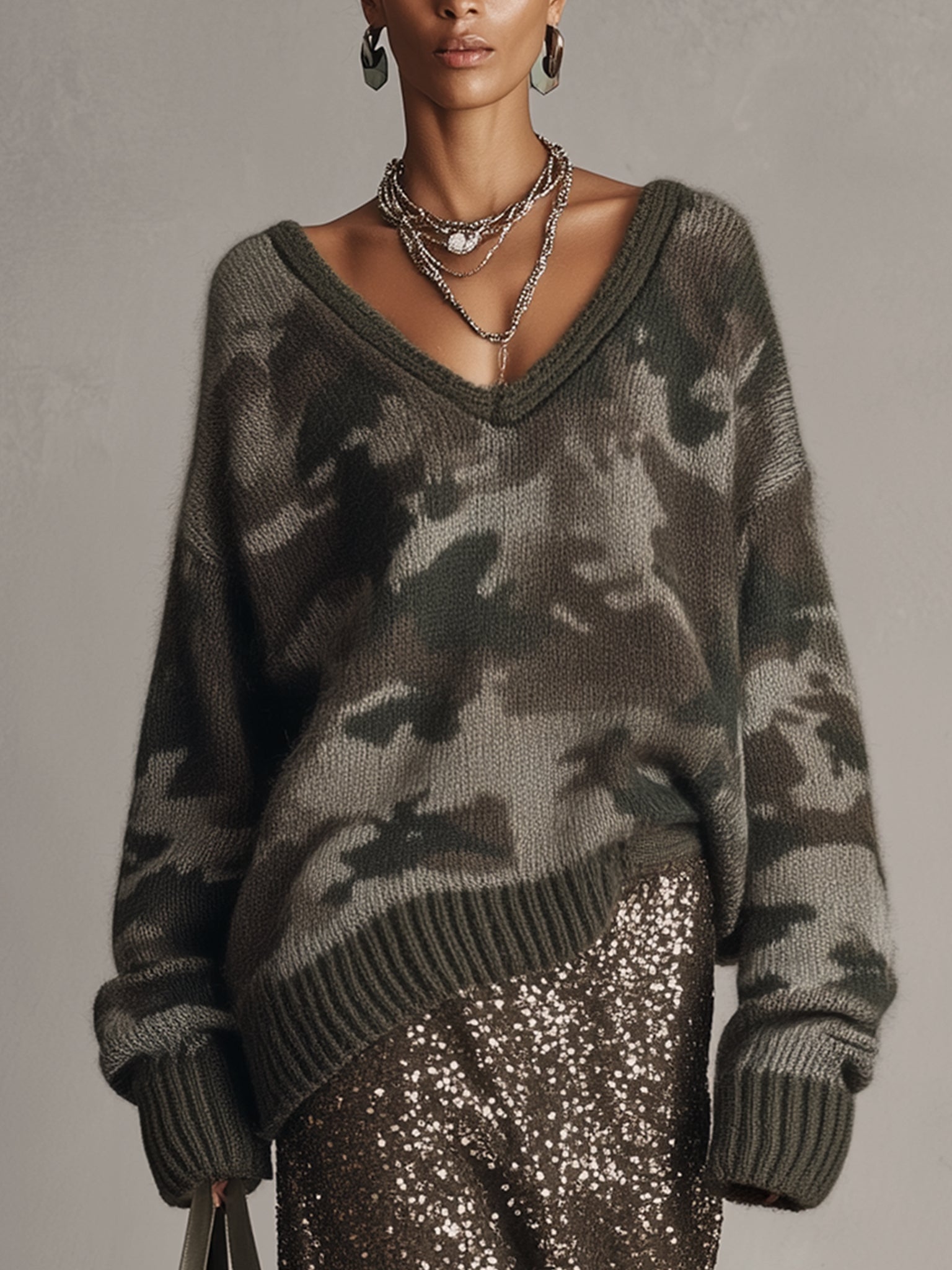 Green Knit V-Neck Camo Long Sleeve Sweater