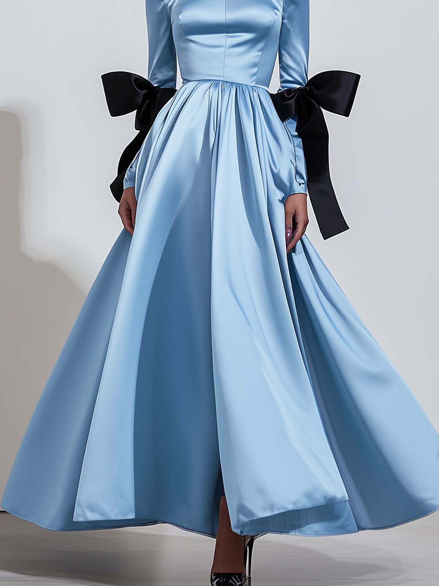 Light Blue Satin Maxi Dress With Black Bows On The Sleeves