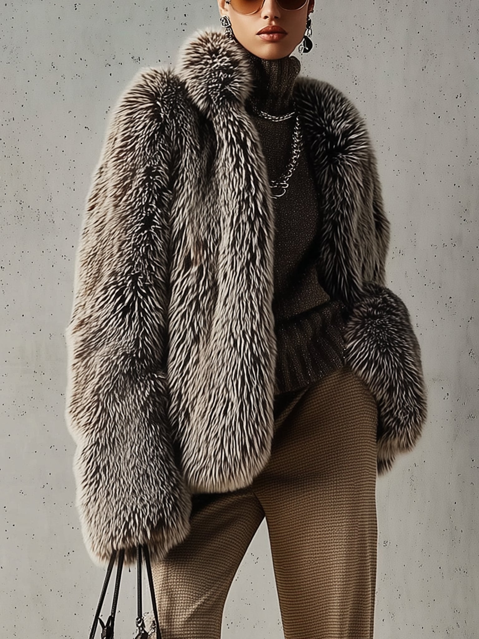 Gray Ombre Warm Eco Faux Fur Long Sleeved Coat