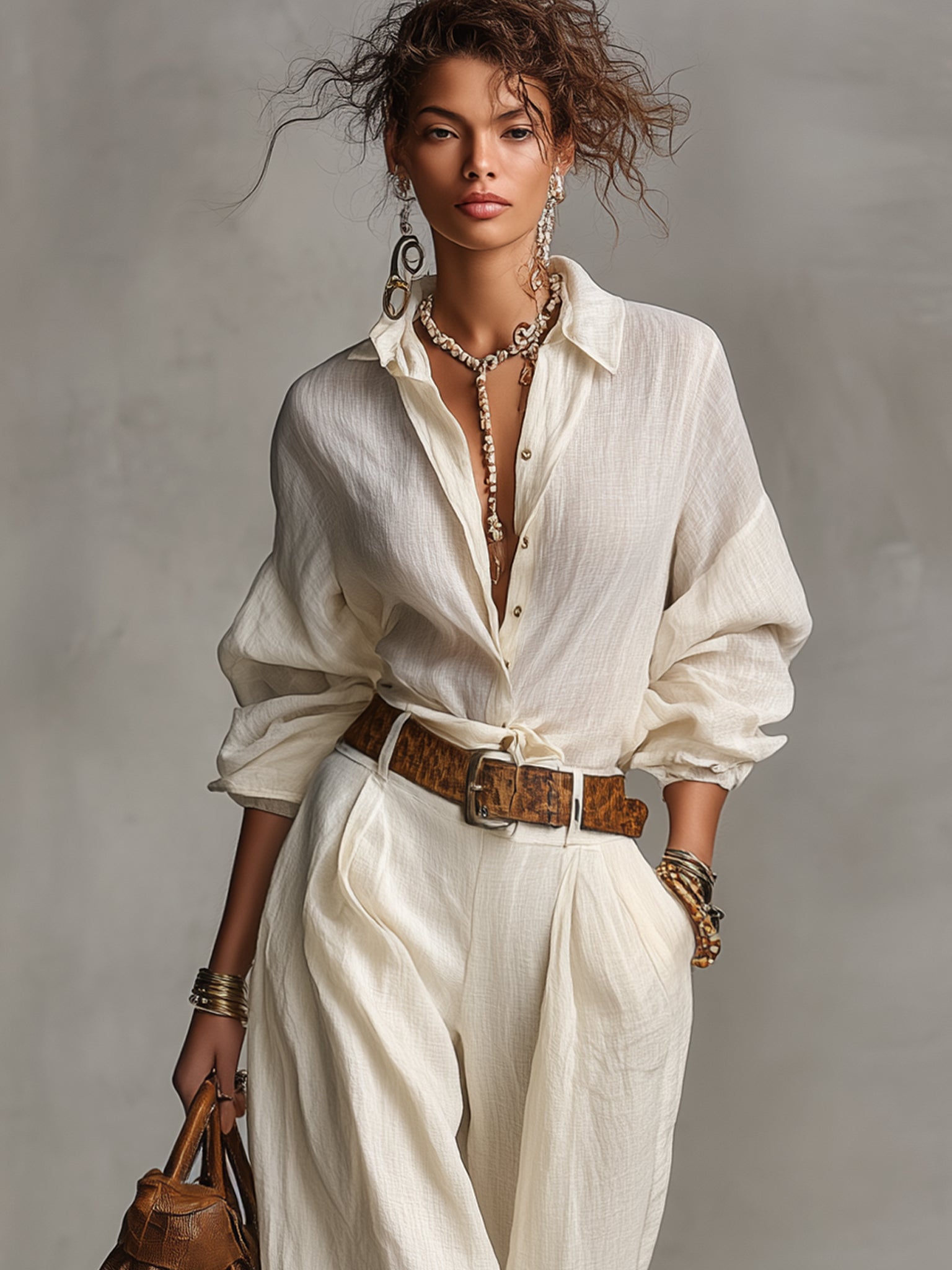 Ivory Linen Loose Shirt And Pant Set
