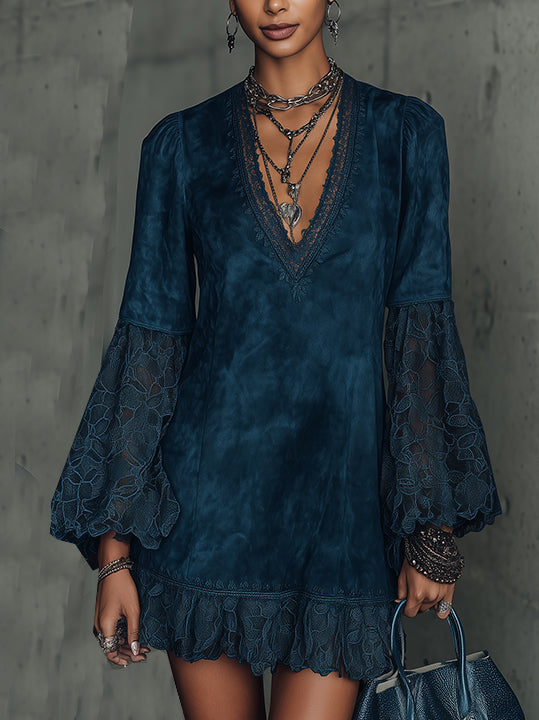 Navy Faux Suede Mini Dress With Lace Bell Sleeves And Scalloped Hem