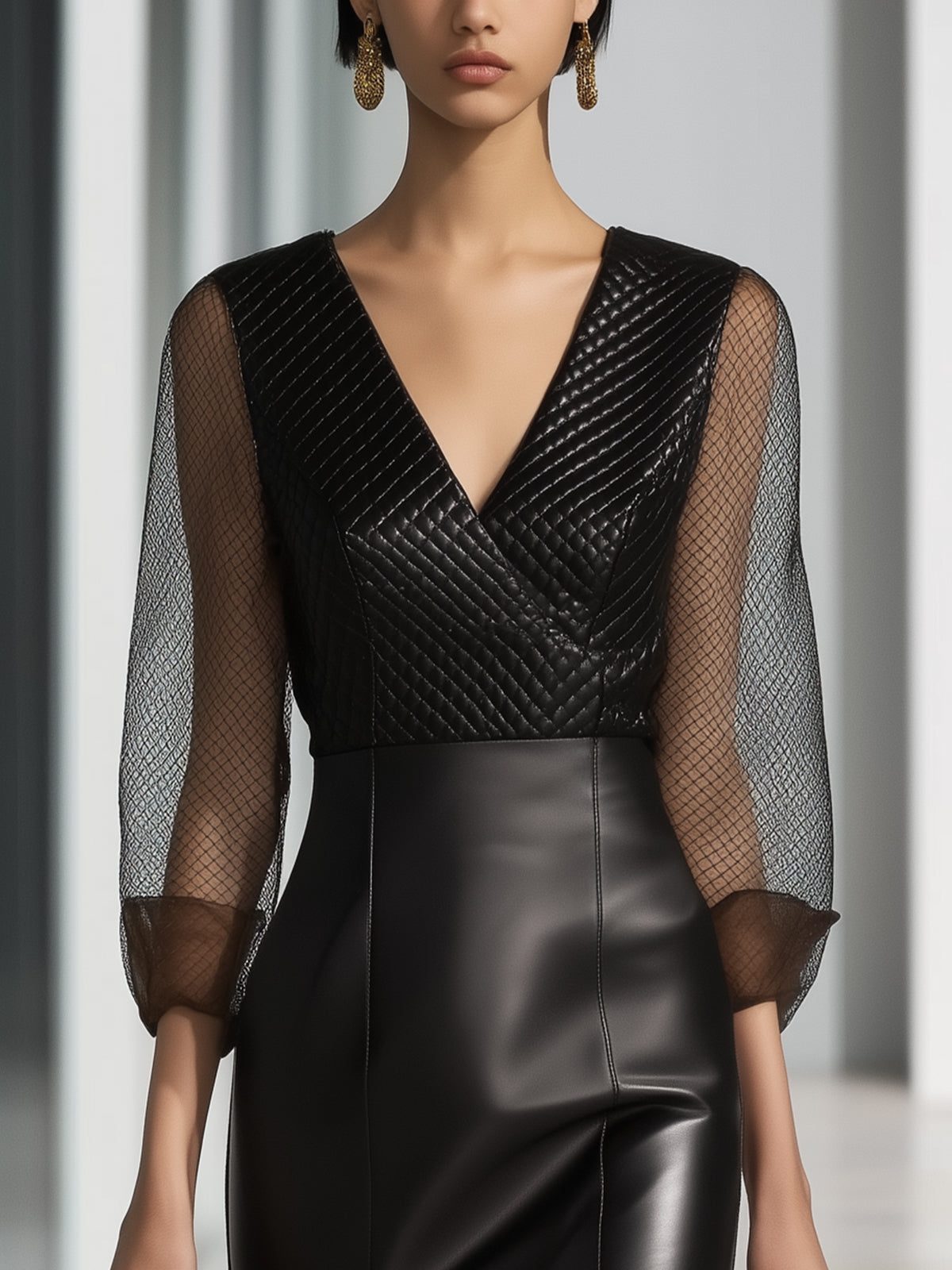 Faux Leather Bodycon Dress With Sheer Puff Sleeves