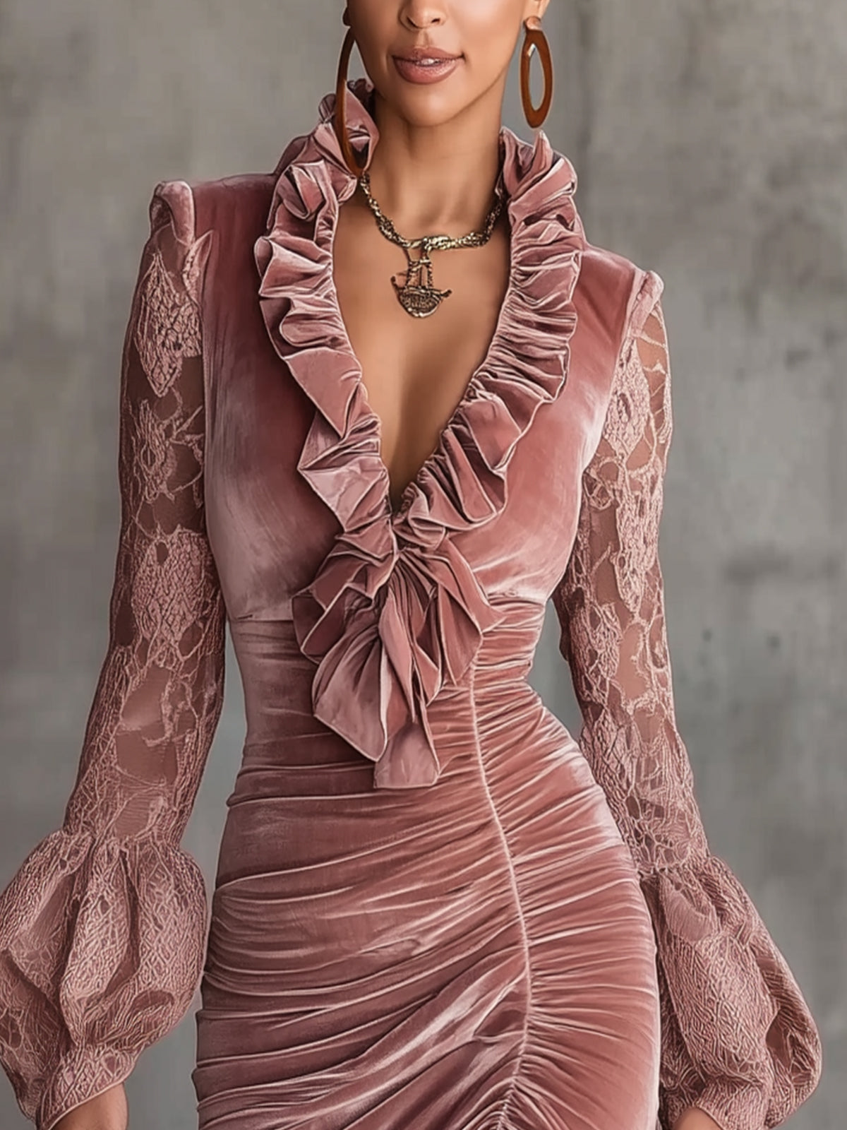 Pink Velvet Ruffled V-Neck Dress With Lace Balloon Sleeves