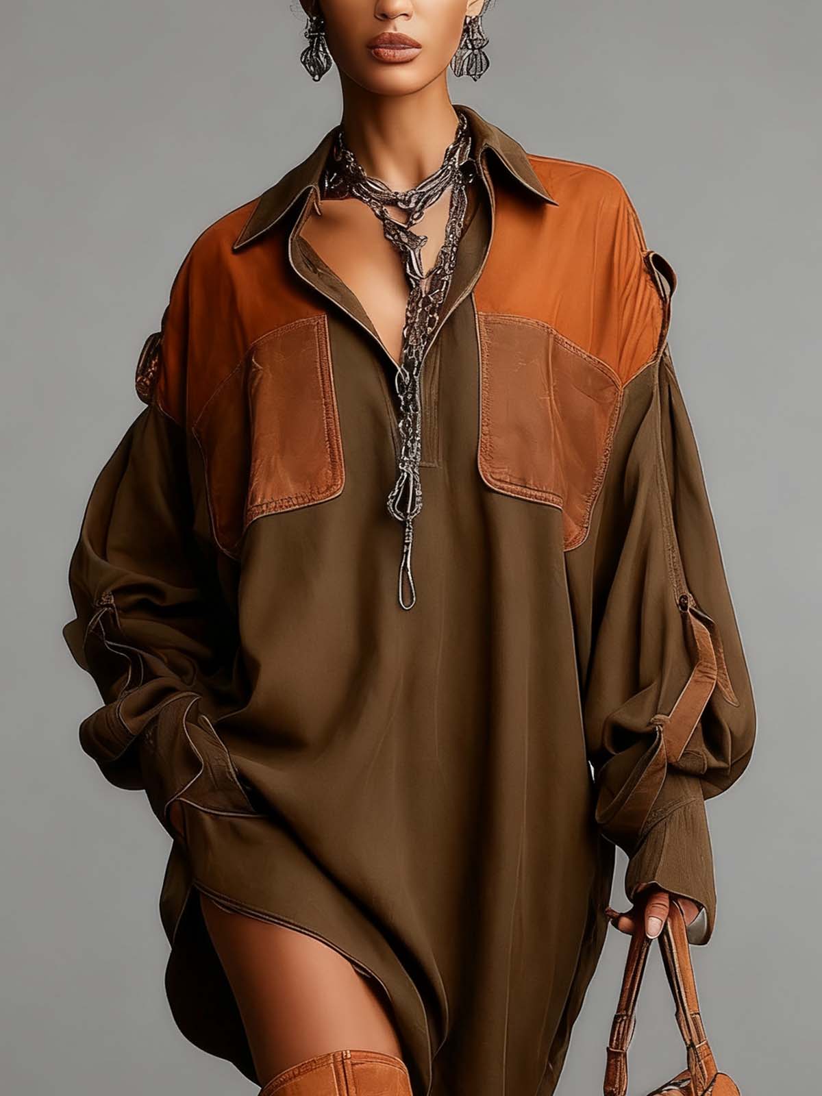 Olive Green Suede And PU Leather Patchwork Loose Mini Skirt