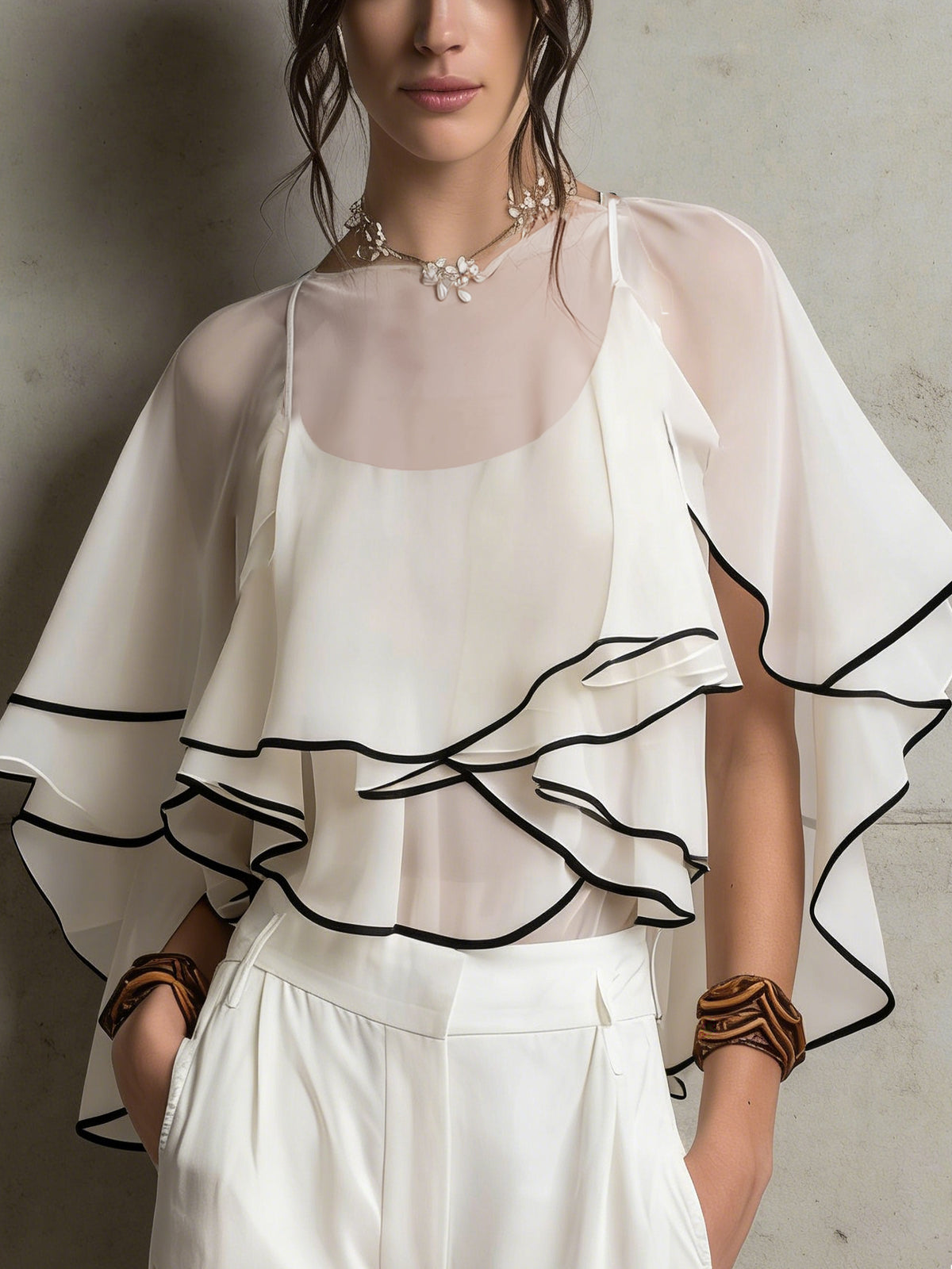 White Layered Ruffle Sheer Chiffon Cape Blouse