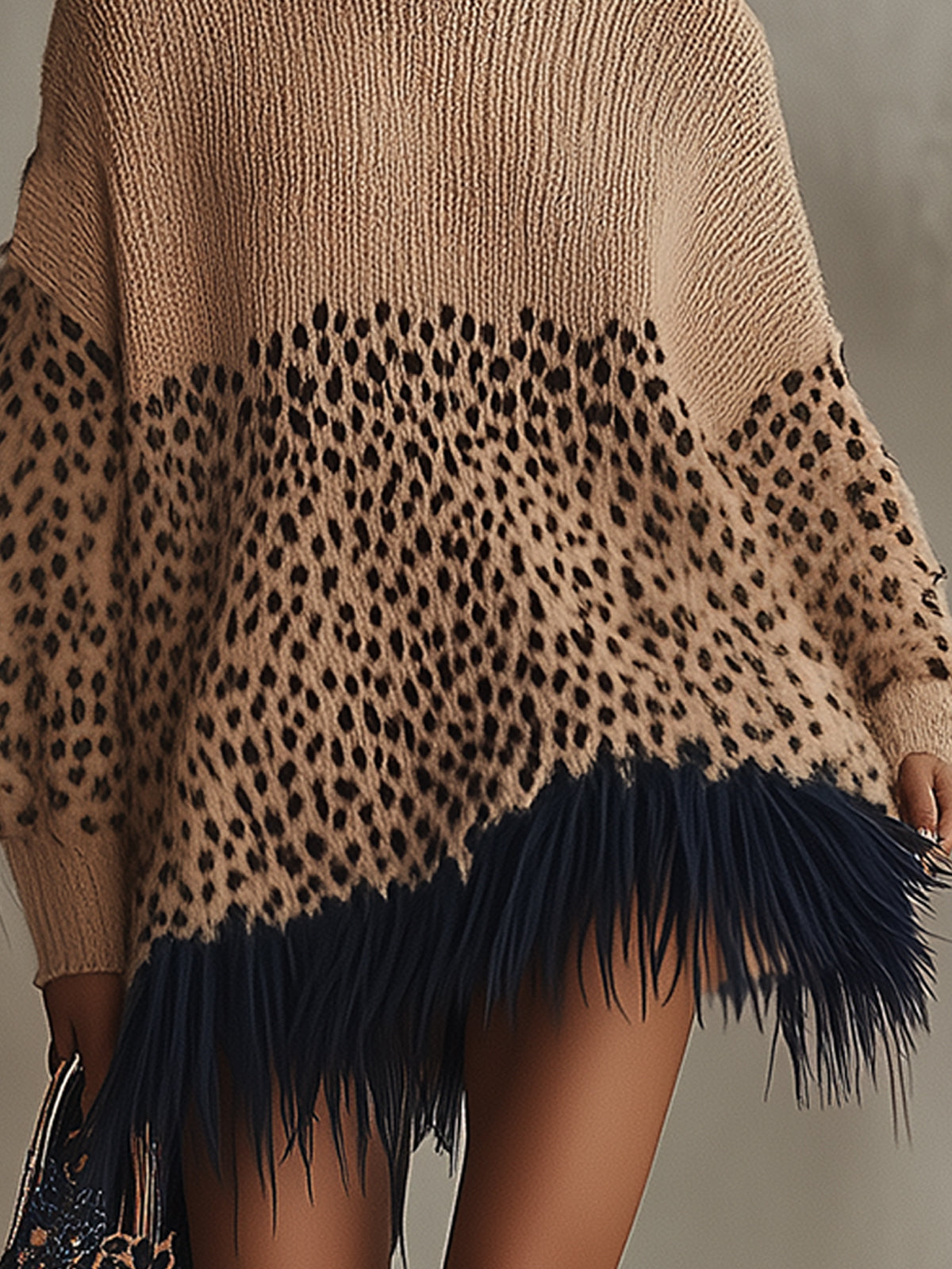Khaki Leopard Print Knitted Sweater Dress With Fringed Hem