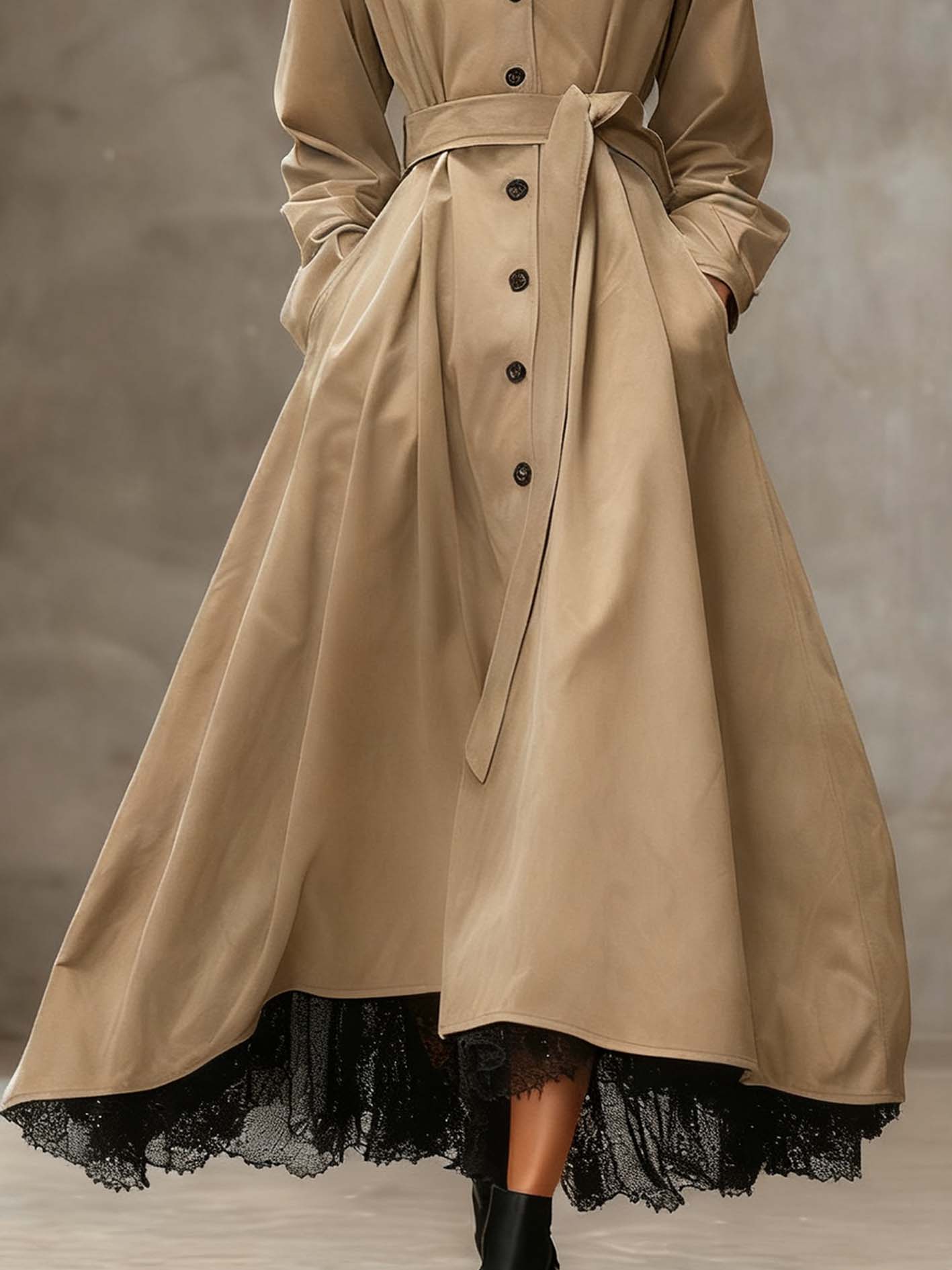 Khaki Faux Suede Maxi Dress With Lace And Lapel