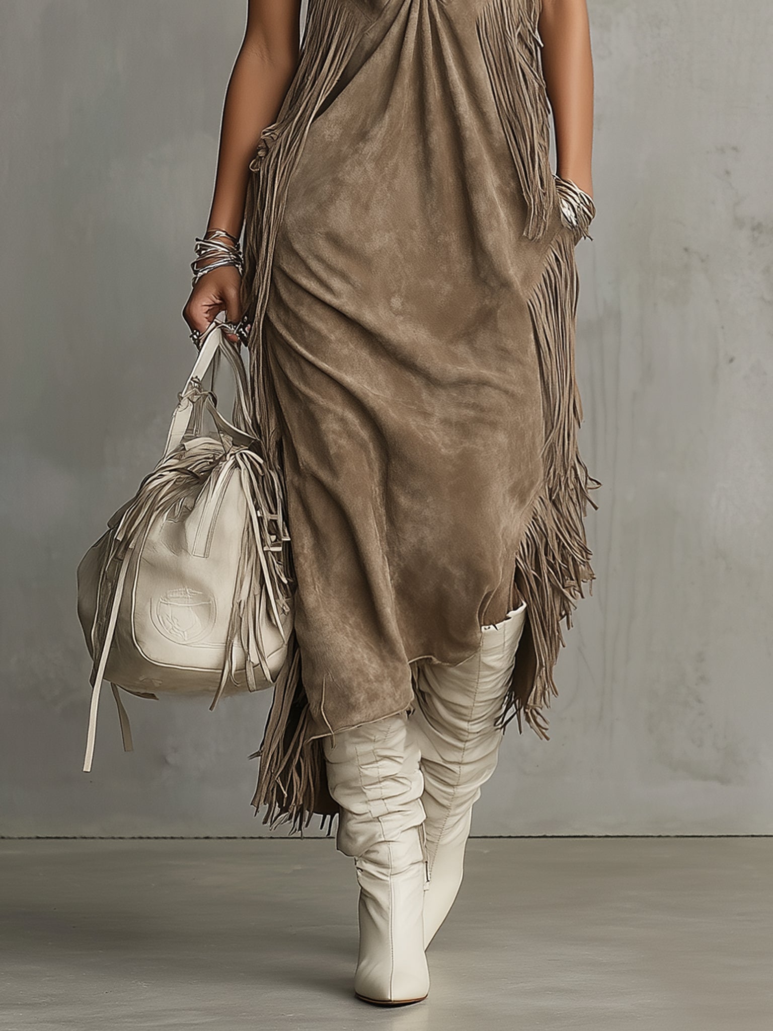 Camel Sleeveless Deep V-Neck Suede Fringe Maxi Dress