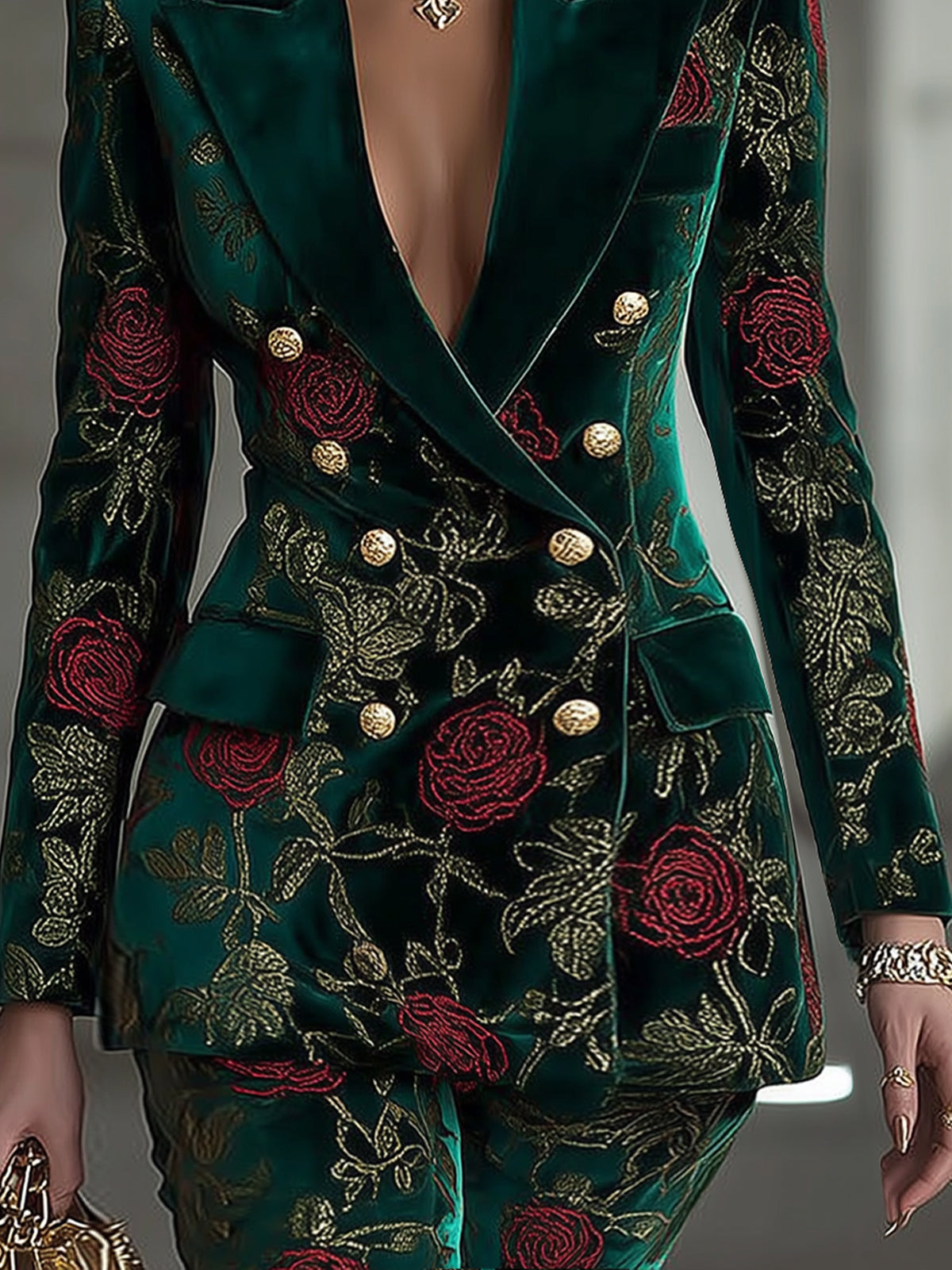 Emerald Velvet Floral Print Double-Breasted Blazer