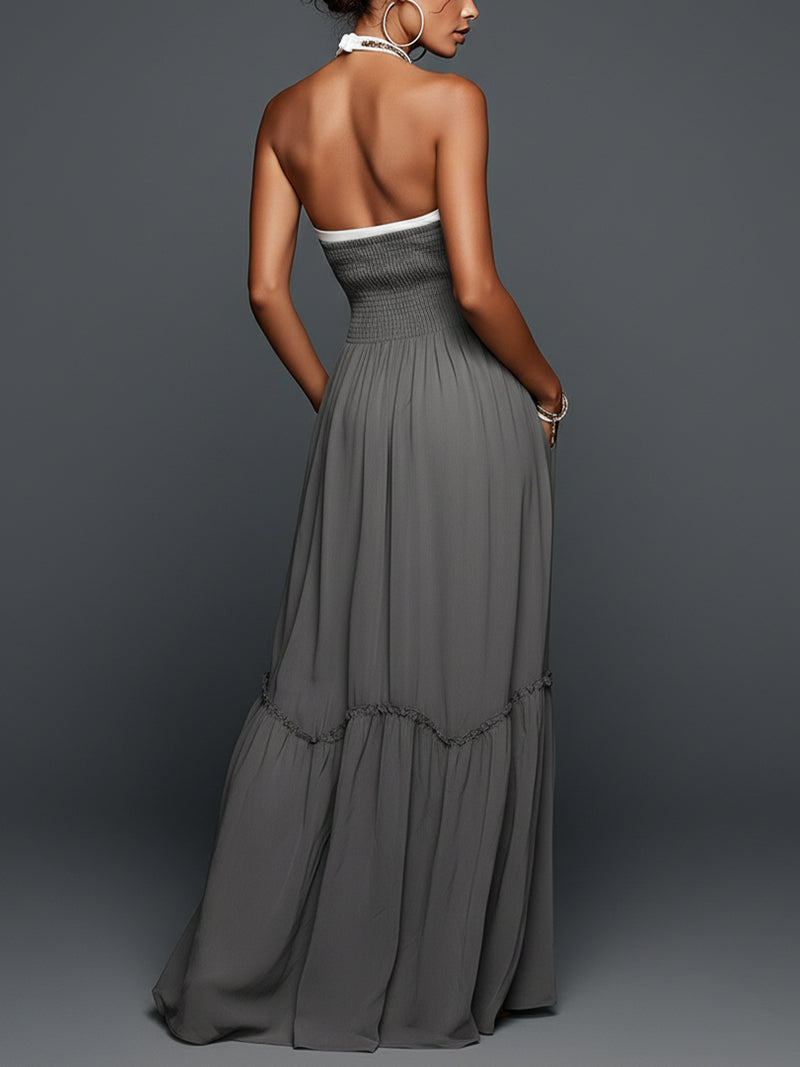 Gray Halter Maxi Dress With Shirred Bodice And Contrast White Trim