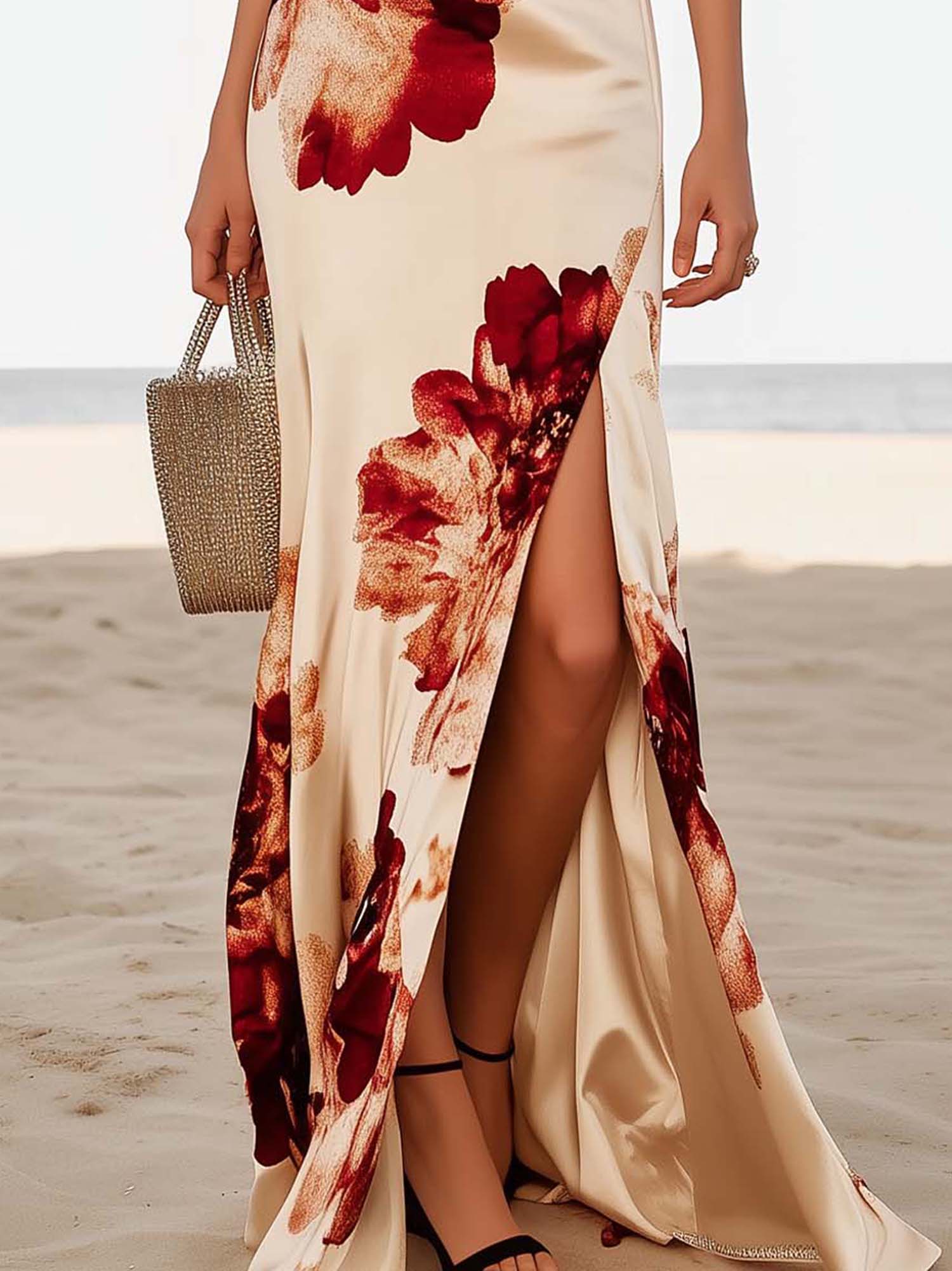 Off Shoulder Beige Satin Maxi Dress With Elegant Flowers