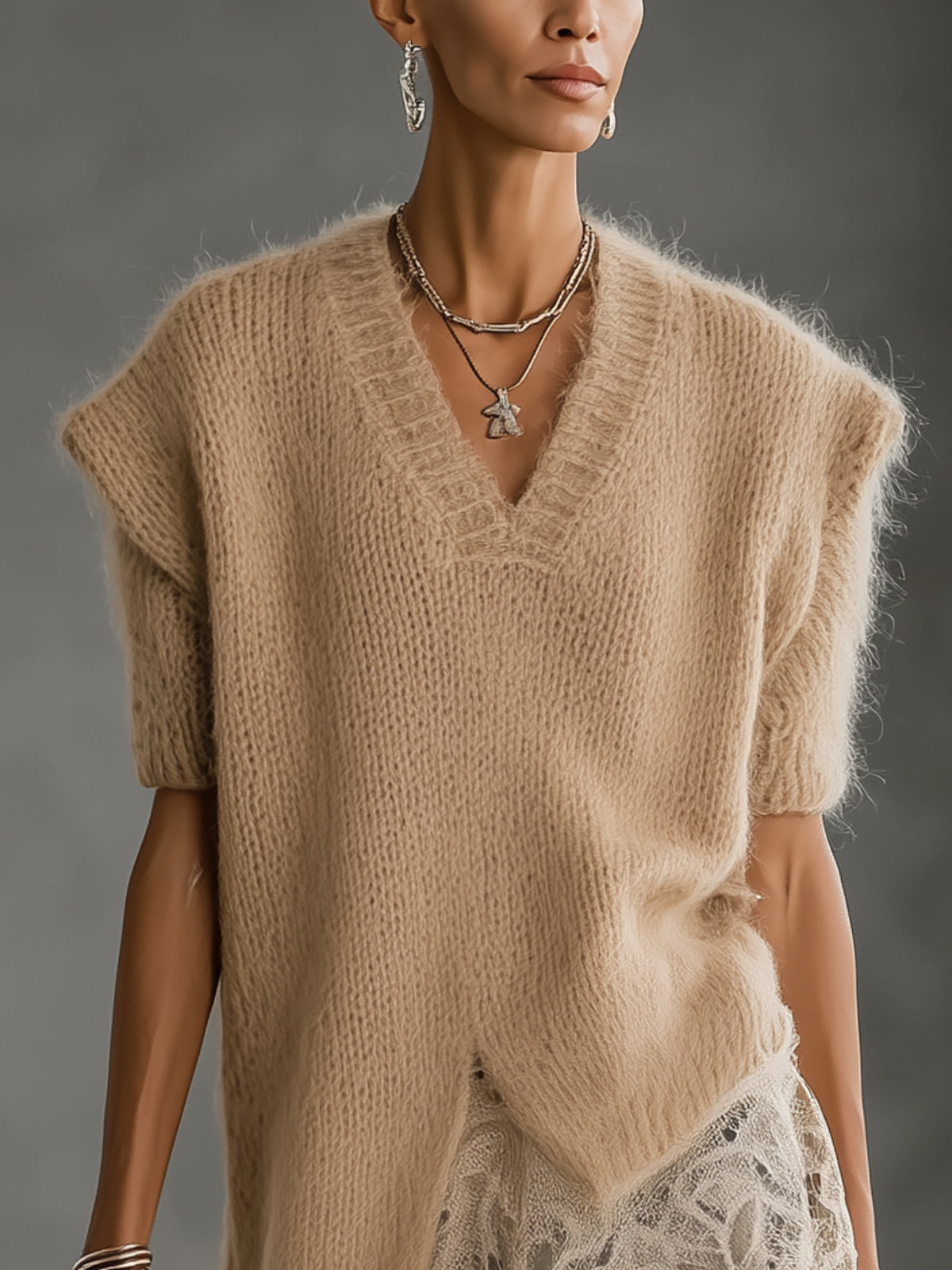 Beige Fuzzy Knit V-Neck Sweater With Lace Asymmetric Hem And Short Sleeves