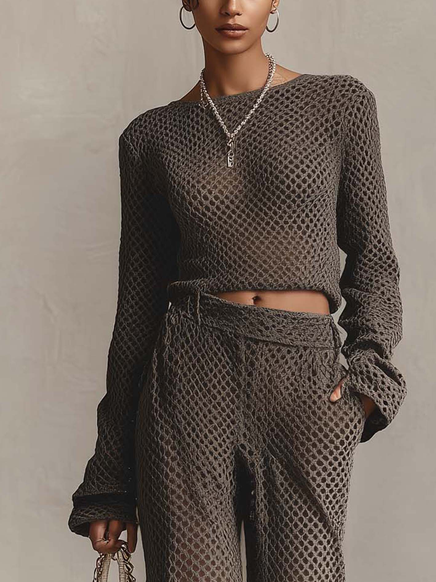 Dark Gray Hollow Textured Knit Two‑Piece Set