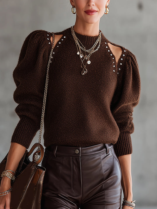 Brown Puff Sleeve Sweater With Cut-Out Shoulder Detail