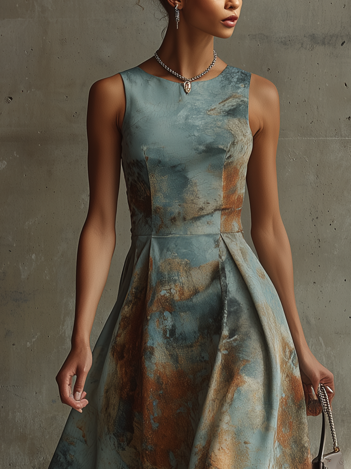 Blue Abstract Print Sleeveless Pleated Midi Dress