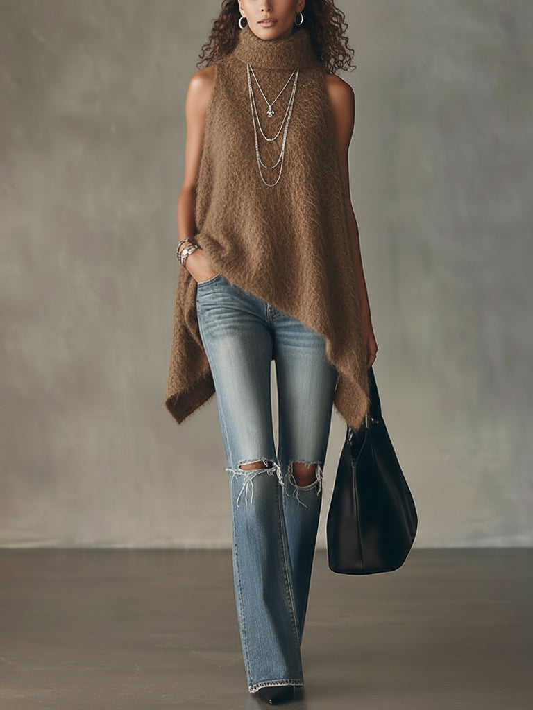 Coffee Turtleneck Sleeveless Soft Knit Sweater With Asymmetric Hem
