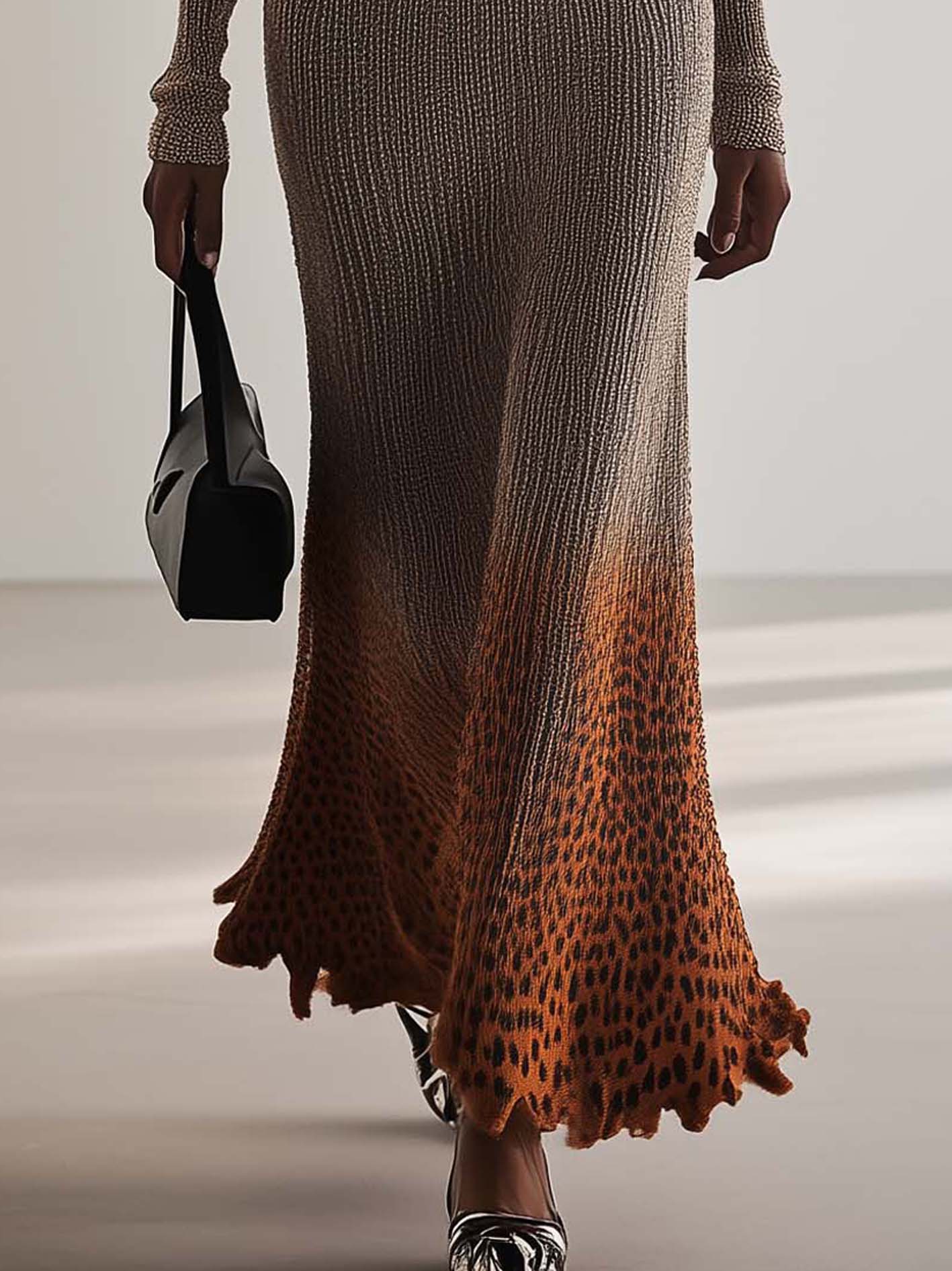 Gray Knitted Maxi Dress With Orange Leopard Print Gradient