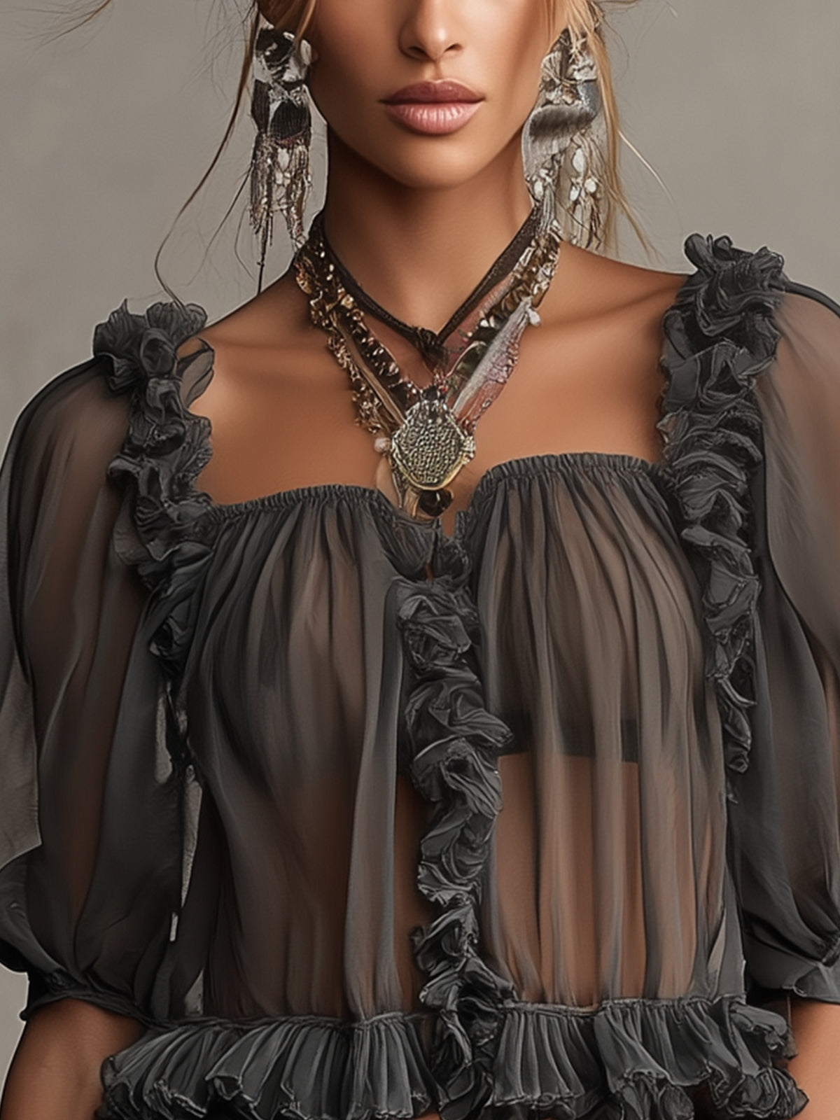 Gray Ruffled Square-Neck Puff Sleeve Blouse