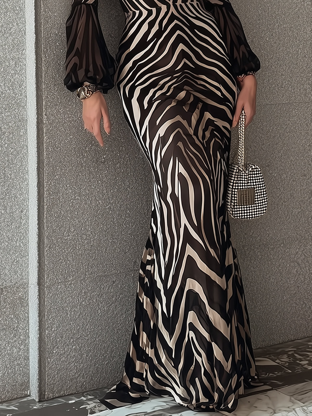 Black Zebra Print Knit V-Neck Maxi Dress